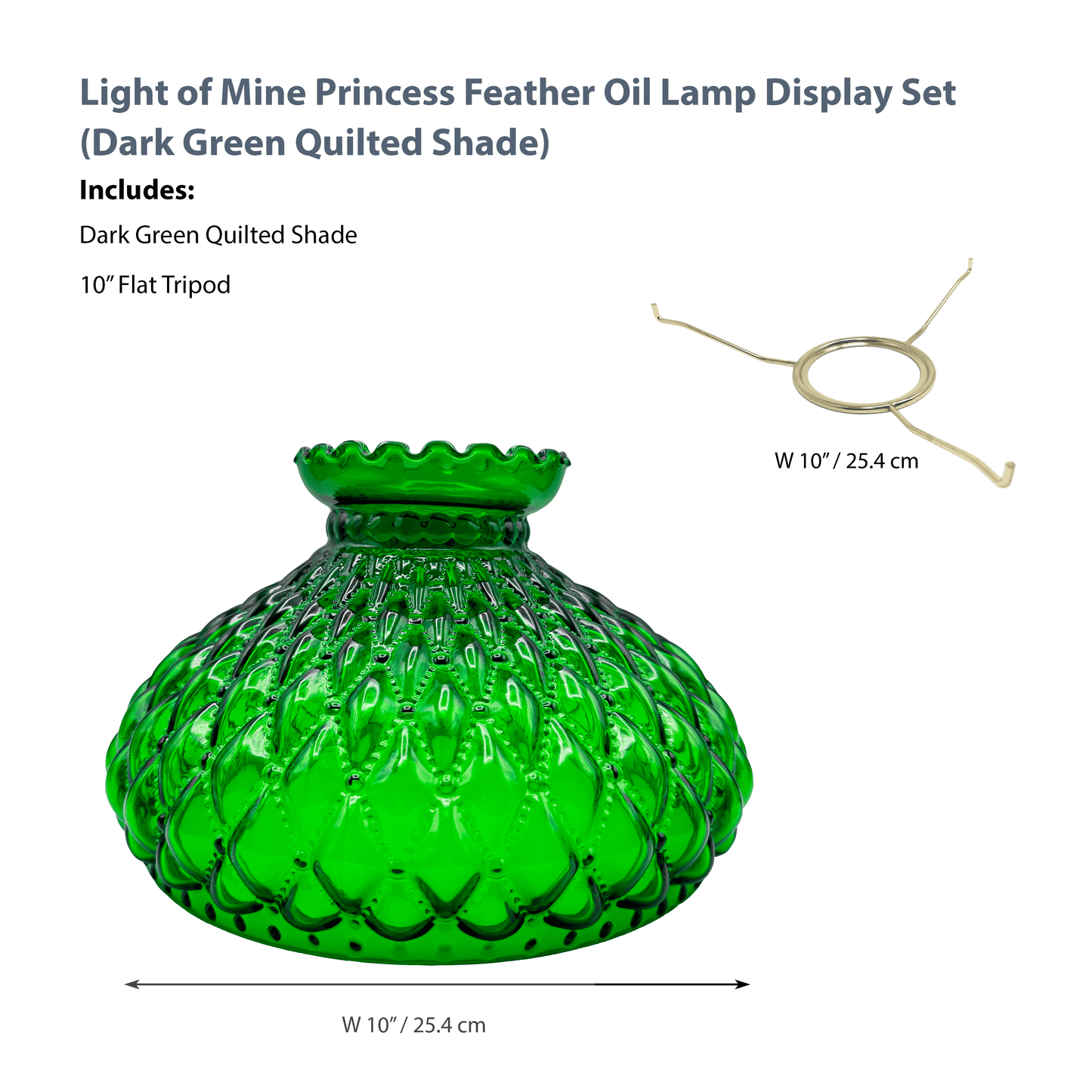 Light of Mine - Princess Feather Oil Lamp Replacement Kit Including 10" Dark Green Quilted Shade and 10" Flat Tripod