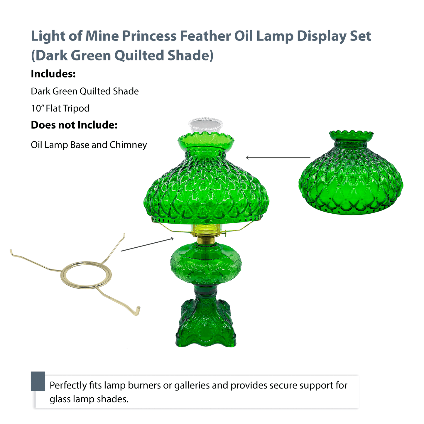Light of Mine - Princess Feather Oil Lamp Replacement Kit Including 10" Dark Green Quilted Shade and 10" Flat Tripod