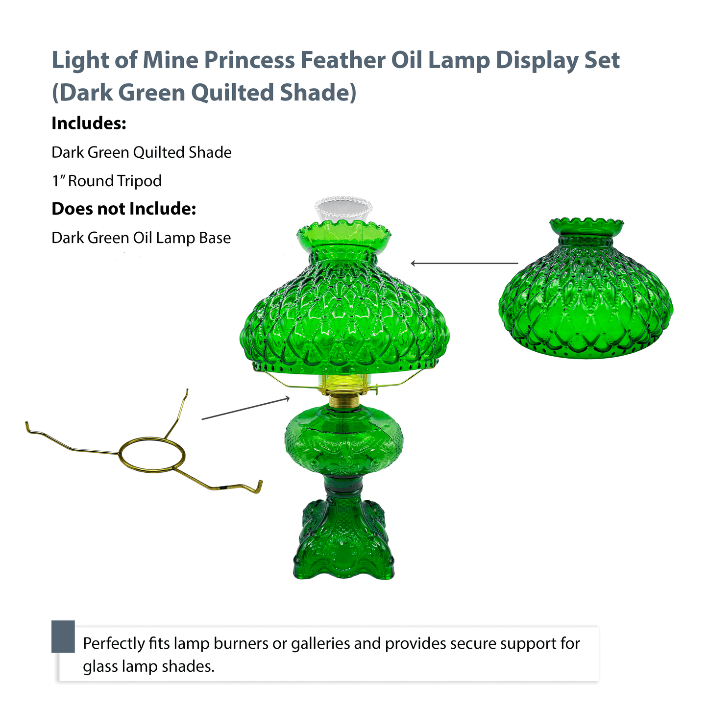 Light of Mine - Princess Feather Oil Lamp Replacement Kit Including 10" Dark Green Quilted Shade and 10" Round Tripod