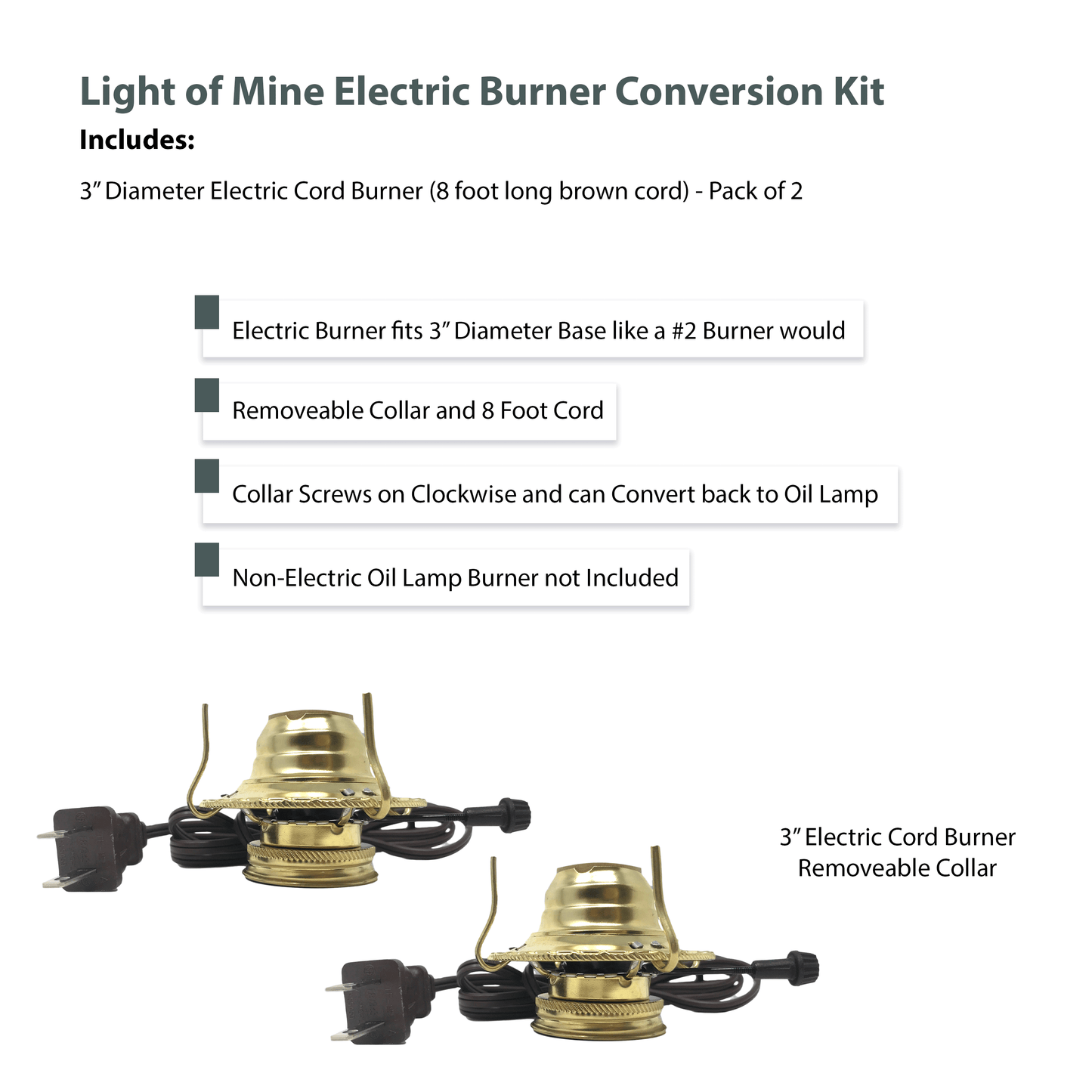 Light of Mine - #2 Brass Plated Burner Electric Conversion Kit with Brown Cord for Oil Lamps - 2 Pack