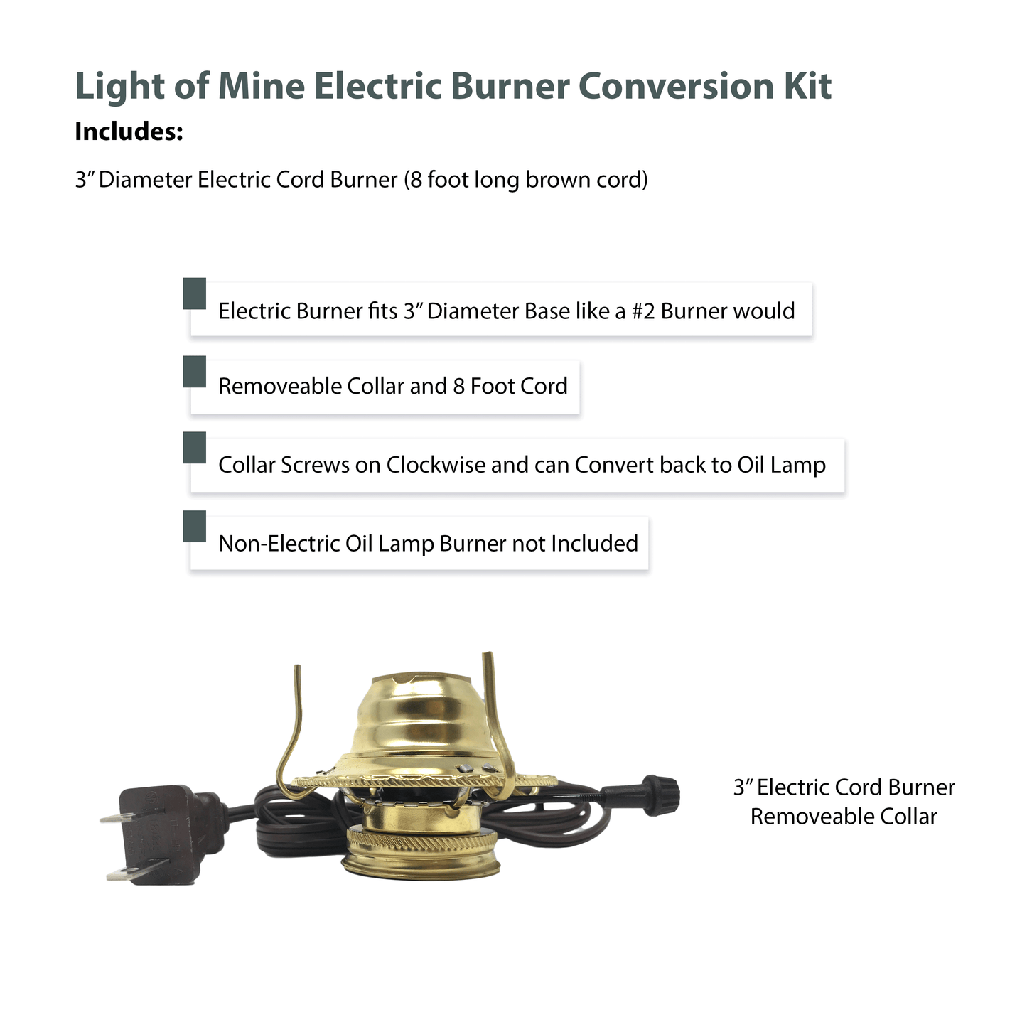 Light of Mine - #2 Brass Plated Burner Electric Conversion Kit with Brown Cord for Oil Lamps - 1 Pack