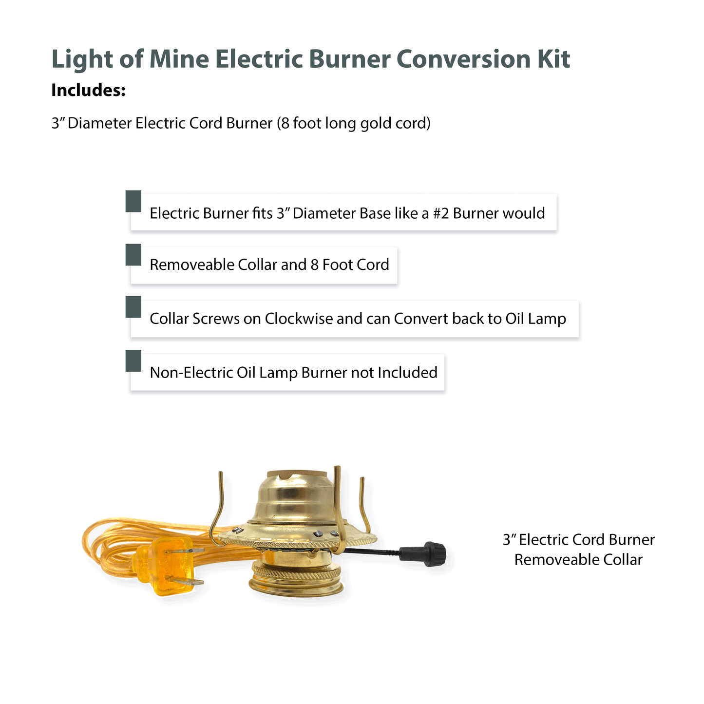 Light of Mine - #2 Brass Plated Burner Electric Conversion Kit with Gold Cord for Oil Lamps - 1 Pack