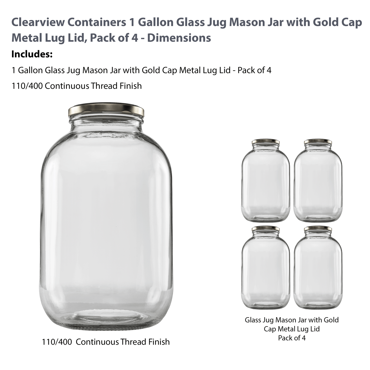 Clearview Containers - 1 Gallon Glass Wide Mouth Jar with Gold Cap Metal Lug Lid (128oz, 4 Pack)