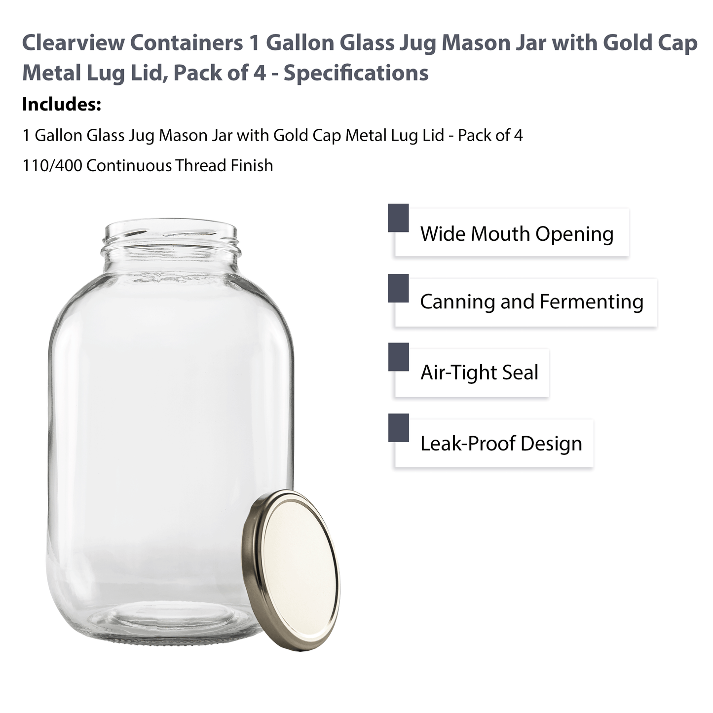 Clearview Containers - 1 Gallon Glass Wide Mouth Jar with Gold Cap Metal Lug Lid (128oz, 4 Pack)
