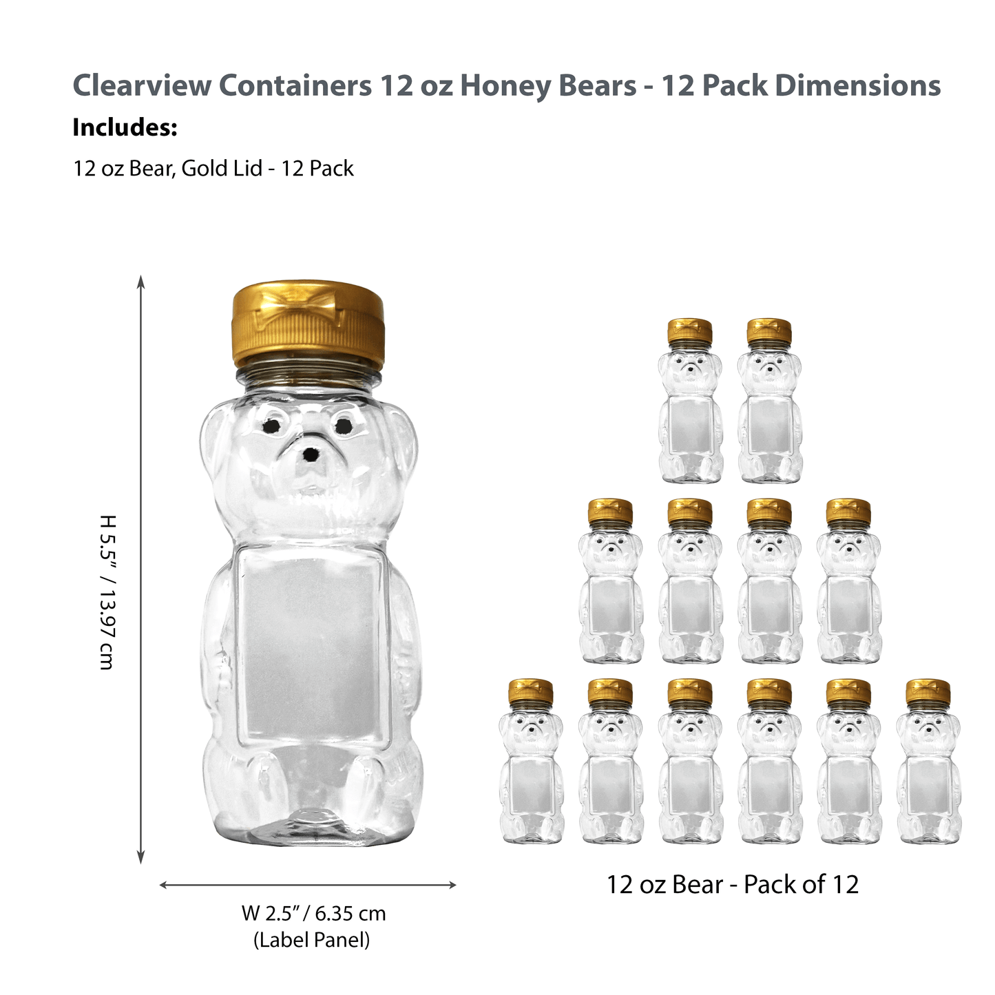 Clearview Containers - 12 Pack of 12 Ounce Clear Honey Bears with Sealable Gold Flip Top Lids (12 oz. Clear Bear, 12pk, Gold)