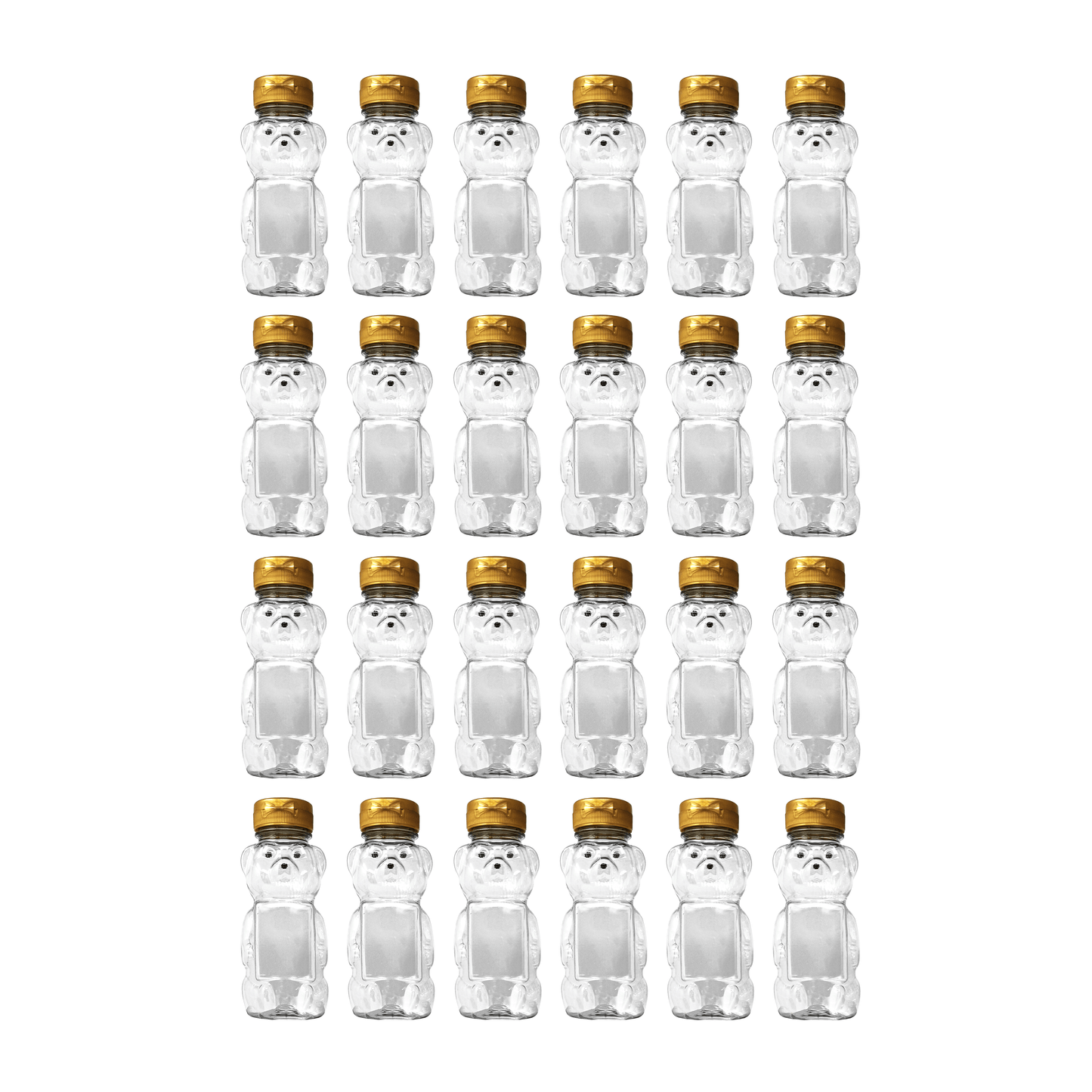 Clearview Containers - 24 Pack of 12 Ounce Clear Honey Bears with Sealable Gold Flip Top Lids (12 oz. Clear Bear, 24pk, Gold)
