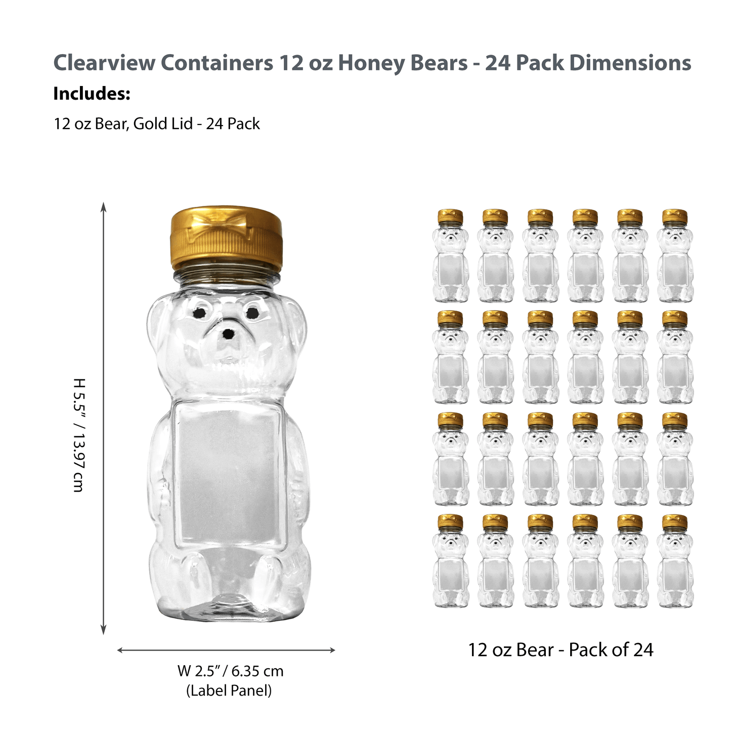 Clearview Containers - 24 Pack of 12 Ounce Clear Honey Bears with Sealable Gold Flip Top Lids (12 oz. Clear Bear, 24pk, Gold)