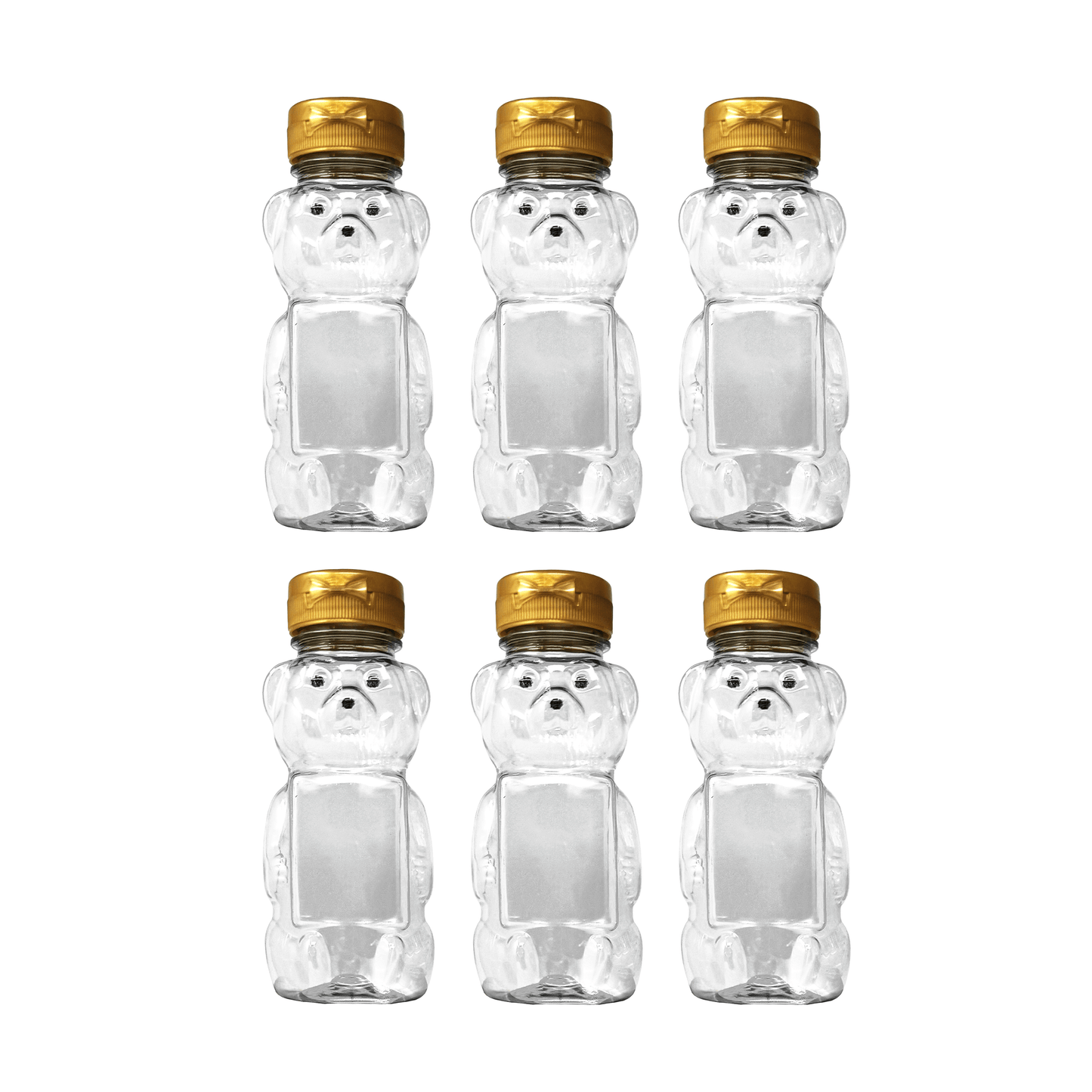 Clearview Containers - 6 Pack of 12 Ounce Clear Honey Bears with Sealable Gold Flip Top Lids (12 oz. Clear Bear, 6pk, Gold)