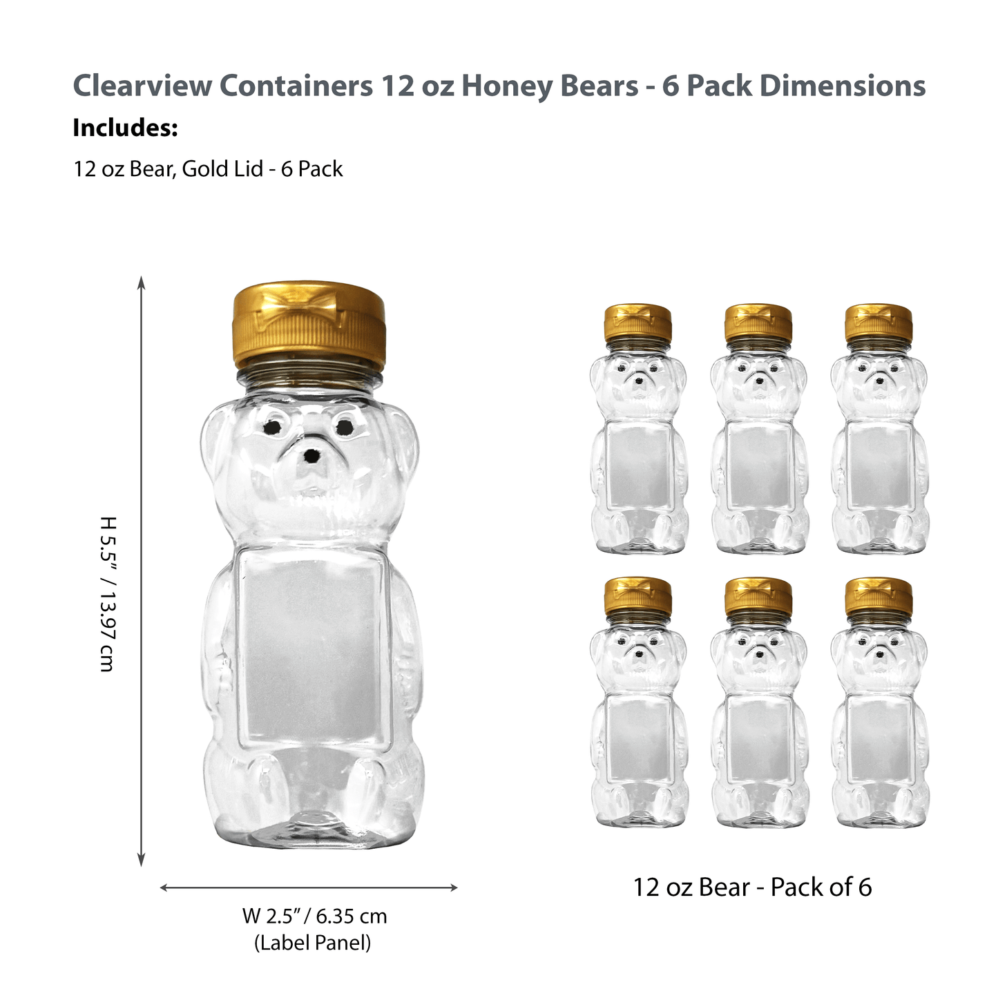 Clearview Containers - 6 Pack of 12 Ounce Clear Honey Bears with Sealable Gold Flip Top Lids (12 oz. Clear Bear, 6pk, Gold)