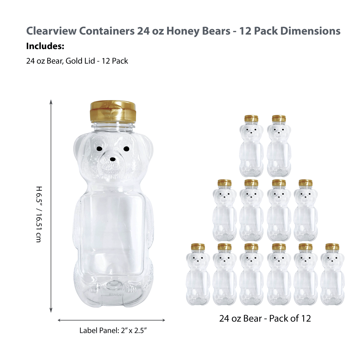 Clearview Containers - 12 Pack of 24 Ounce Honey Bears with Sealable Gold Flip Top Lids (24 oz. Bear, 12pk, Gold)