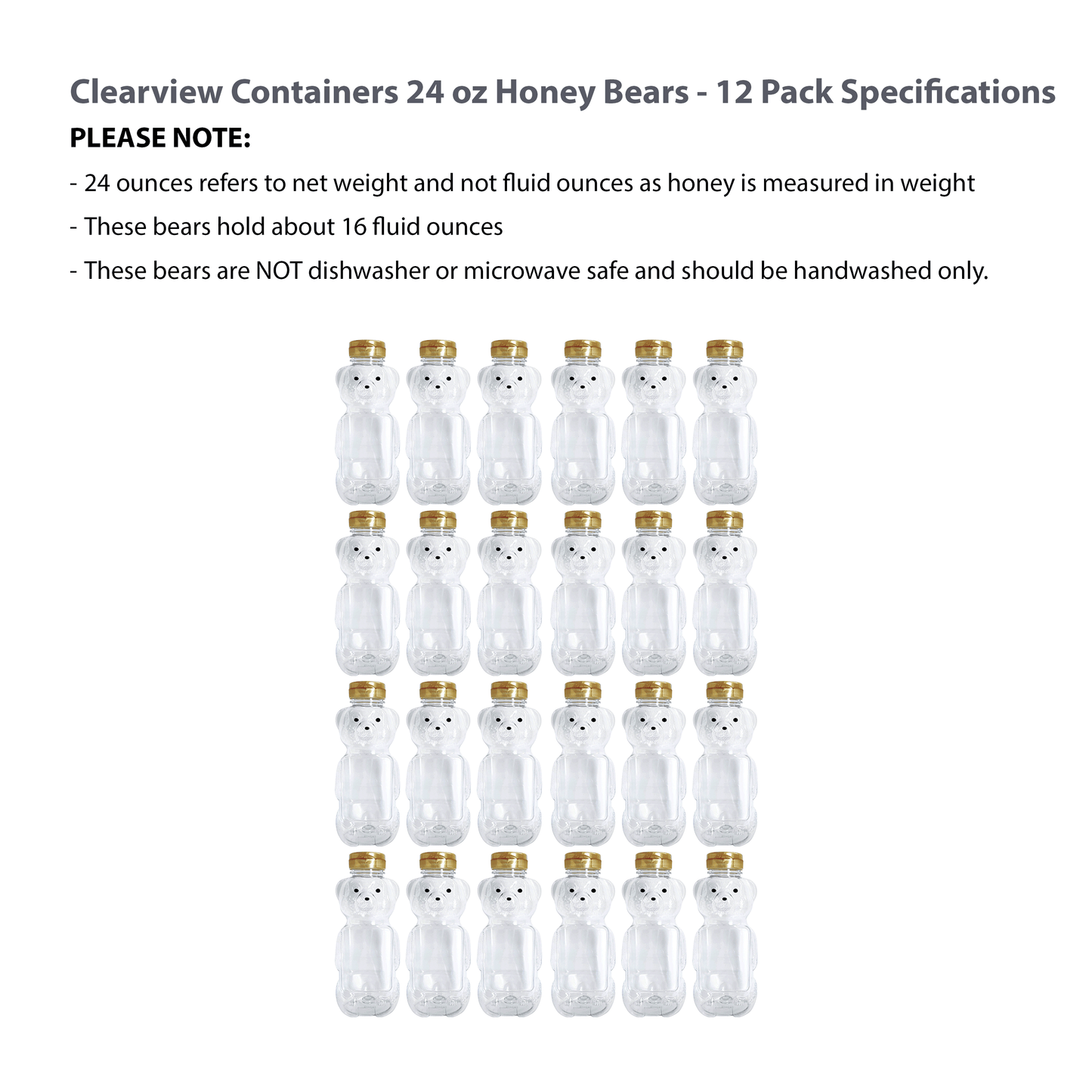 Clearview Containers - 12 Pack of 24 Ounce Honey Bears with Sealable Gold Flip Top Lids (24 oz. Bear, 12pk, Gold)