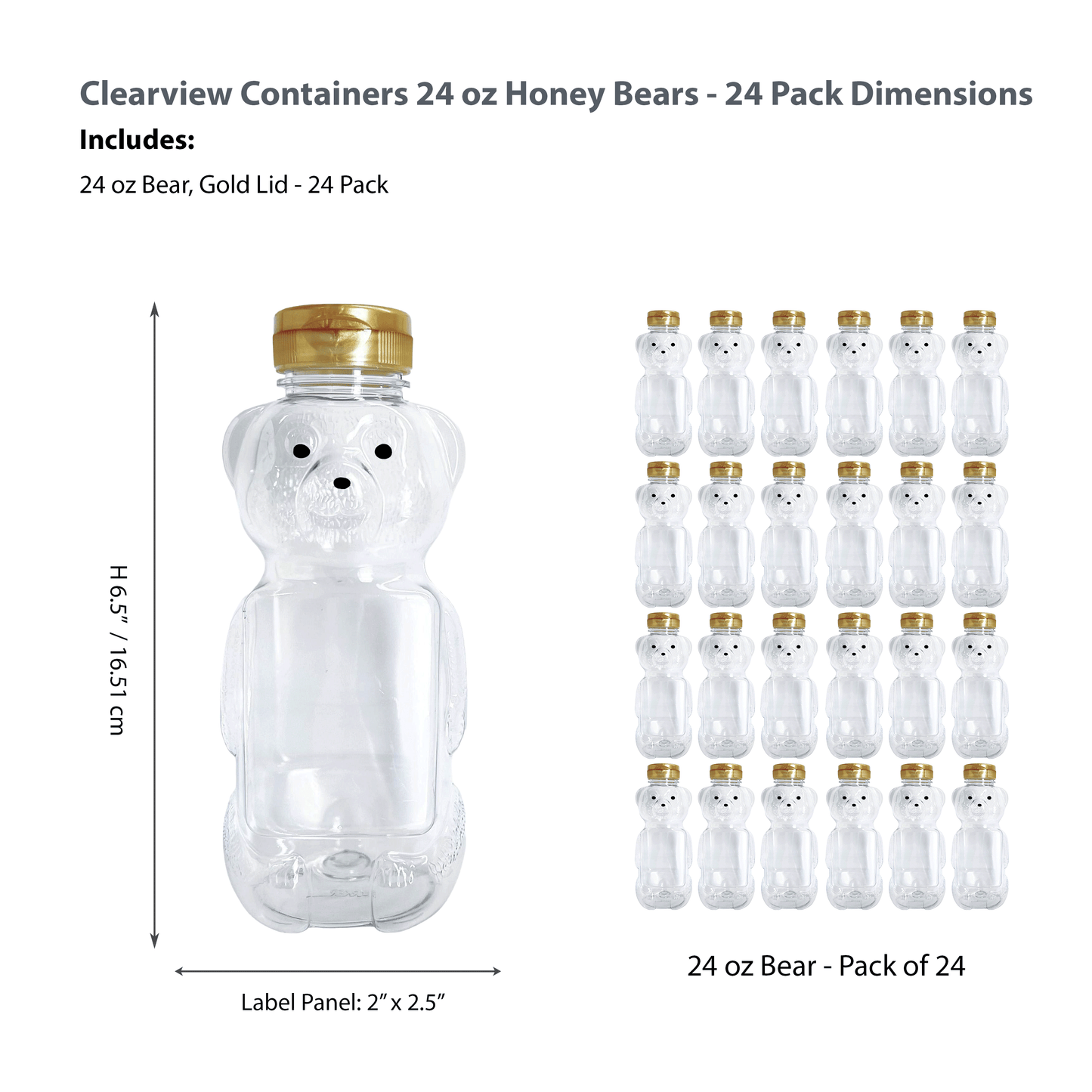 Clearview Containers - 24 Pack of 24 Ounce Honey Bears with Sealable Gold Flip Top Lids (24 oz. Bear, 24pk, Gold)