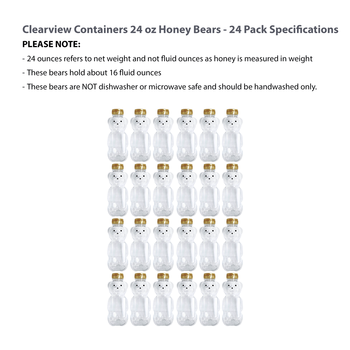 Clearview Containers - 24 Pack of 24 Ounce Honey Bears with Sealable Gold Flip Top Lids (24 oz. Bear, 24pk, Gold)