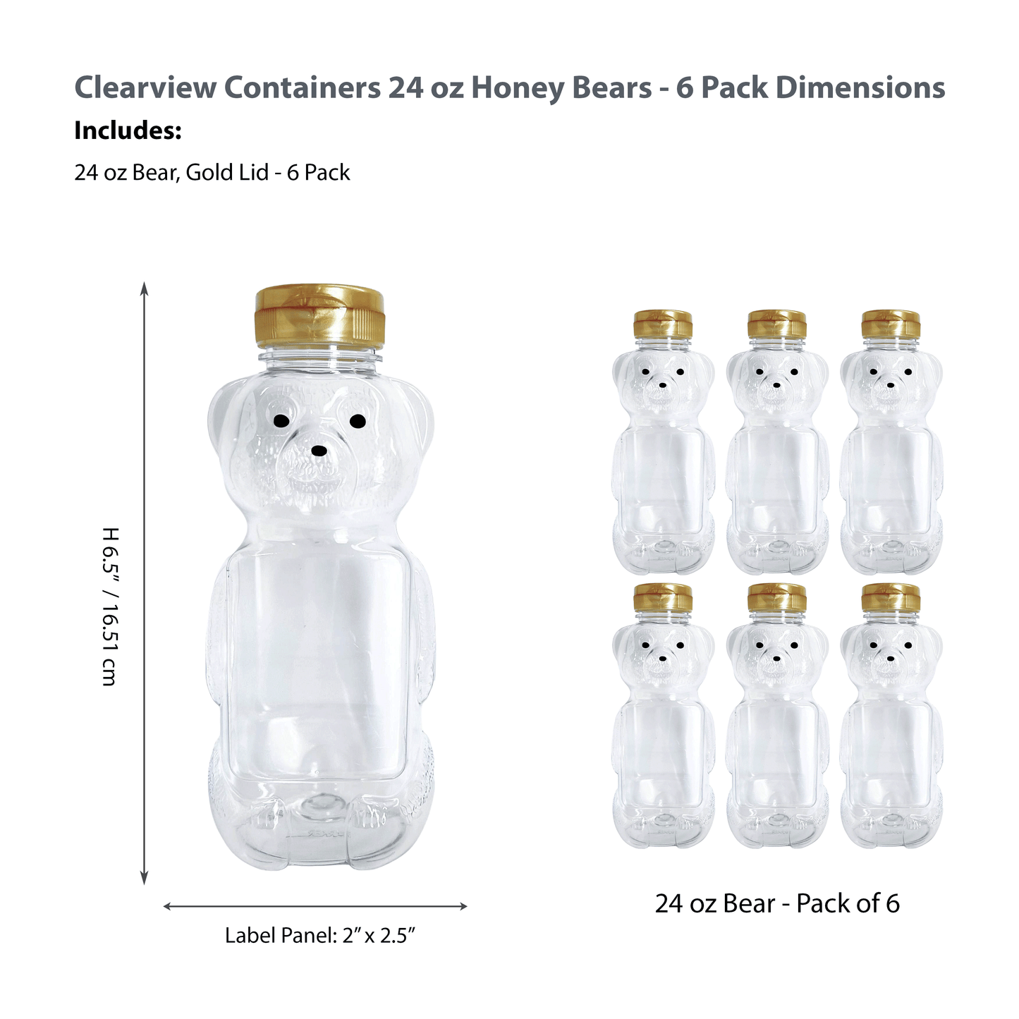 Clearview Containers - 6 Pack of 24 Ounce Honey Bears with Sealable Gold Flip Top Lids (24 oz. Bear, 6pk, Gold)