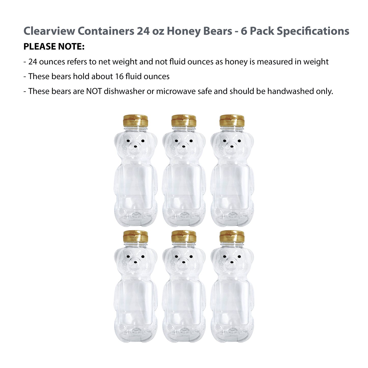Clearview Containers - 6 Pack of 24 Ounce Honey Bears with Sealable Gold Flip Top Lids (24 oz. Bear, 6pk, Gold)