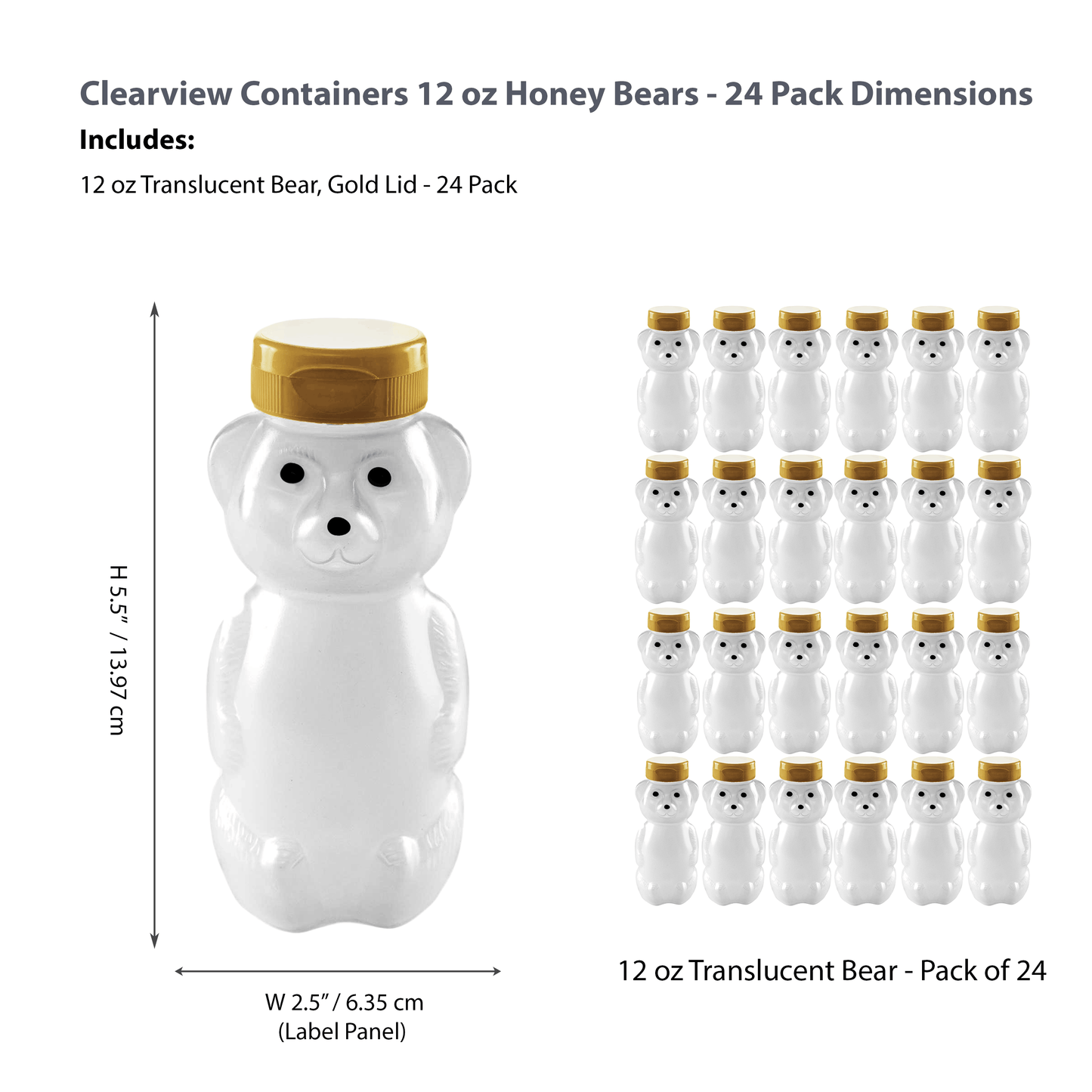 Clearview Containers - 24 Pack of 12 Ounce Cloudy Honey Bears with Sealable Gold Flip Top Lids (12 oz. Cloudy Bear, 24pk, Gold)