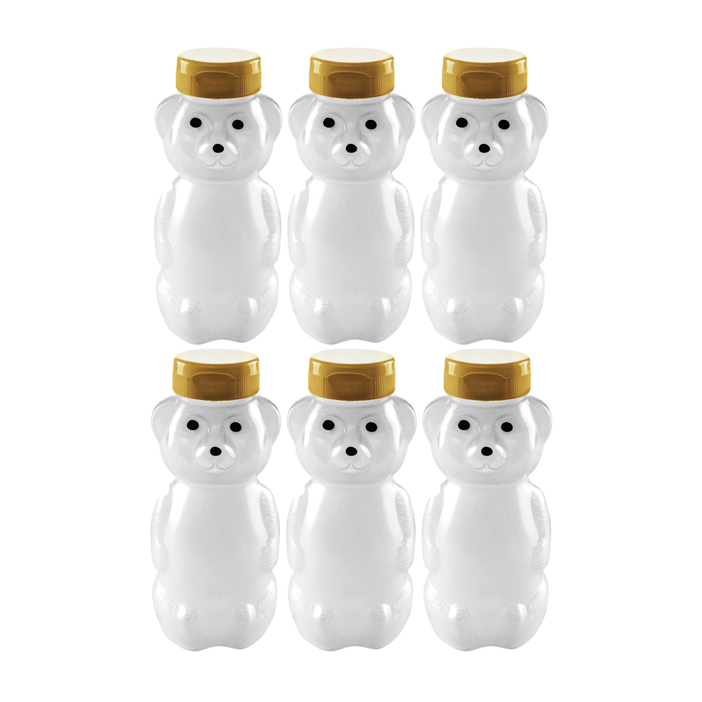 Clearview Containers - 6 Pack of 12 Ounce Cloudy Honey Bears with Sealable Gold Flip Top Lids (12 oz. Cloudy Bear, 6pk, Gold)