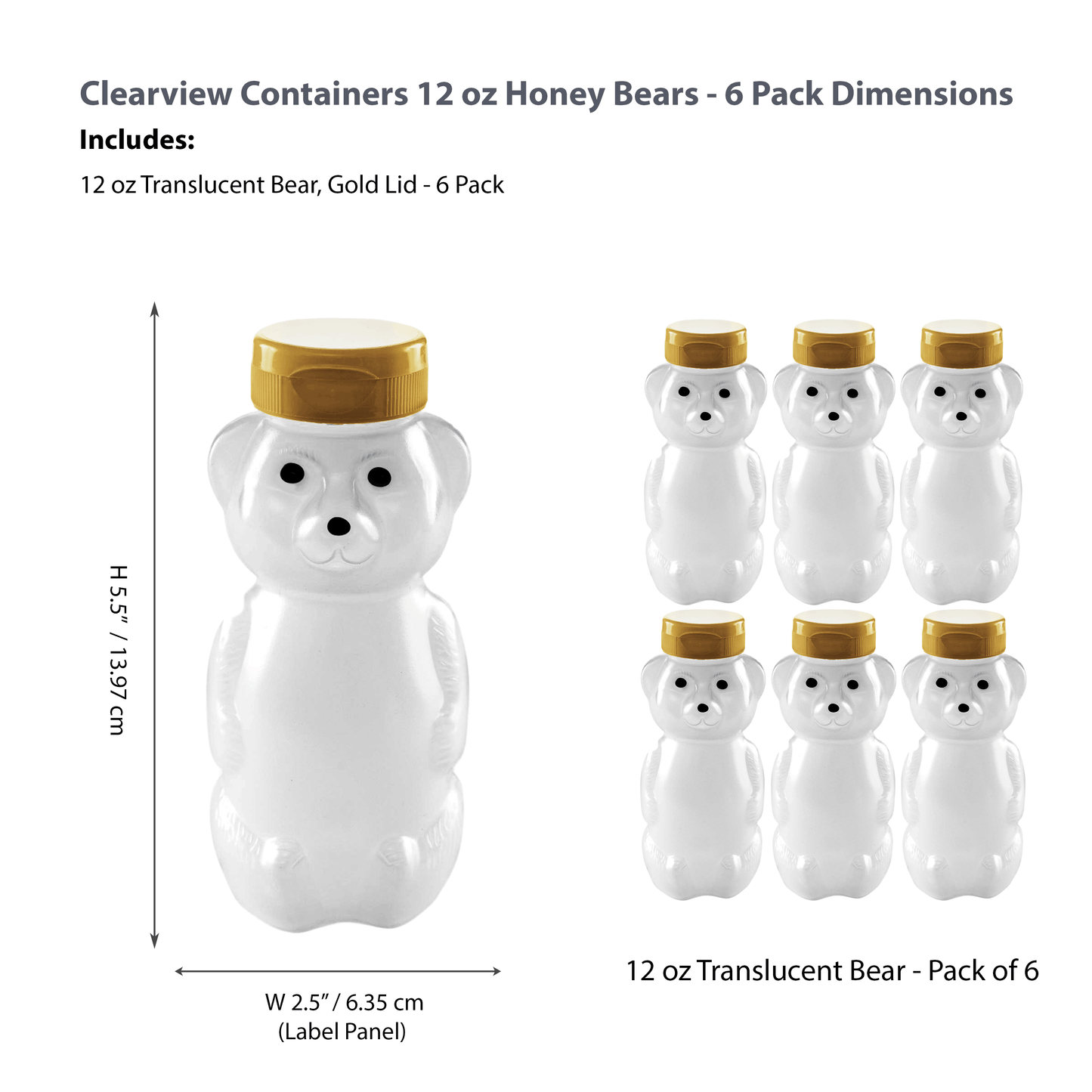 Clearview Containers - 6 Pack of 12 Ounce Cloudy Honey Bears with Sealable Gold Flip Top Lids (12 oz. Cloudy Bear, 6pk, Gold)