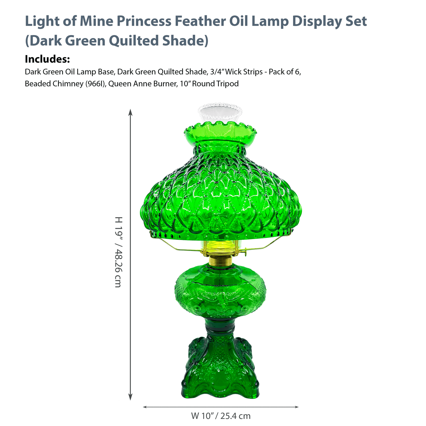 Light of Mine - Princess Feather Dark Green Oil Lamp Assembly with 10" Dark Green Quilted Shade and 100% Cotton Replacement 3/4" Wick Strips