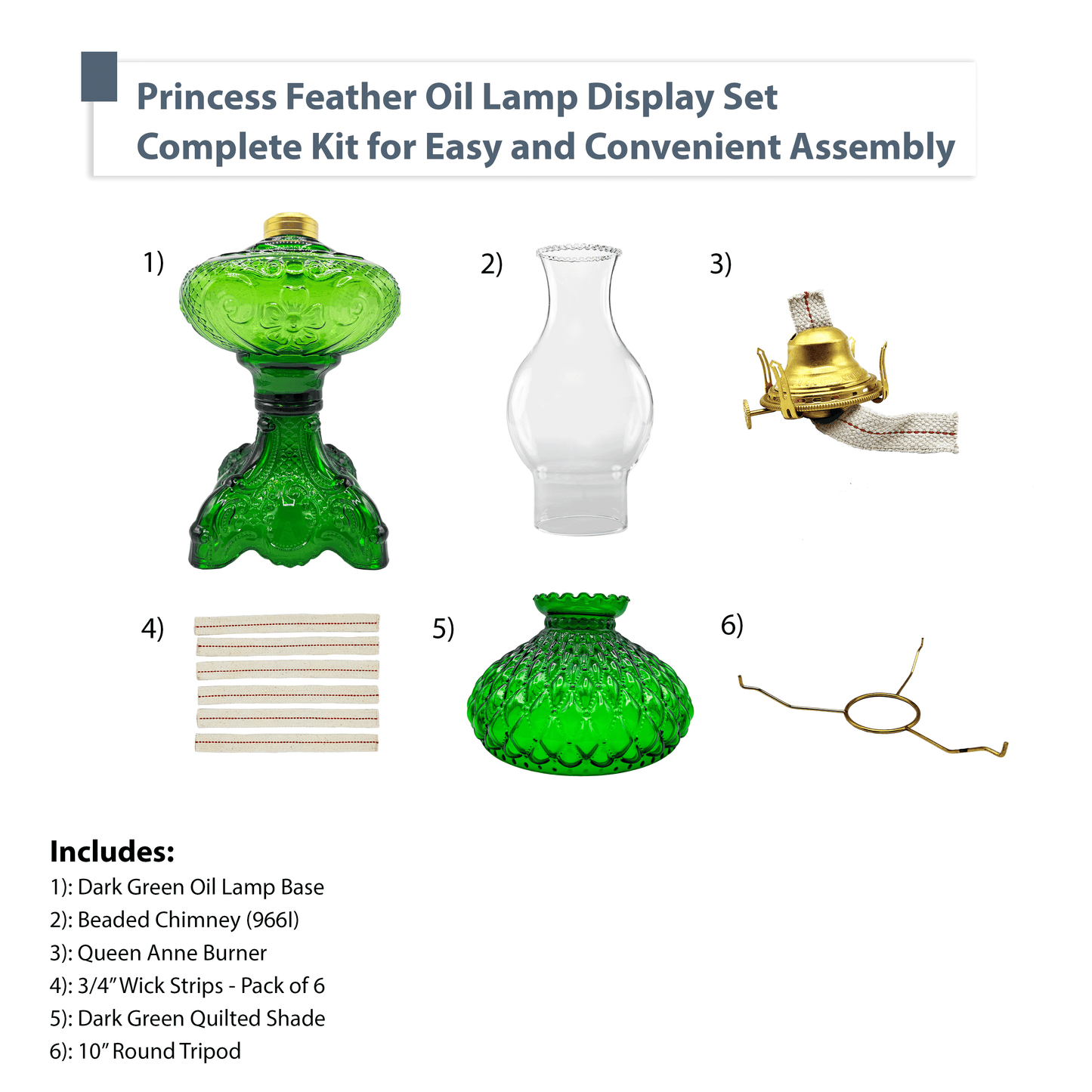 Light of Mine - Princess Feather Dark Green Oil Lamp Assembly with 10" Dark Green Quilted Shade and 100% Cotton Replacement 3/4" Wick Strips