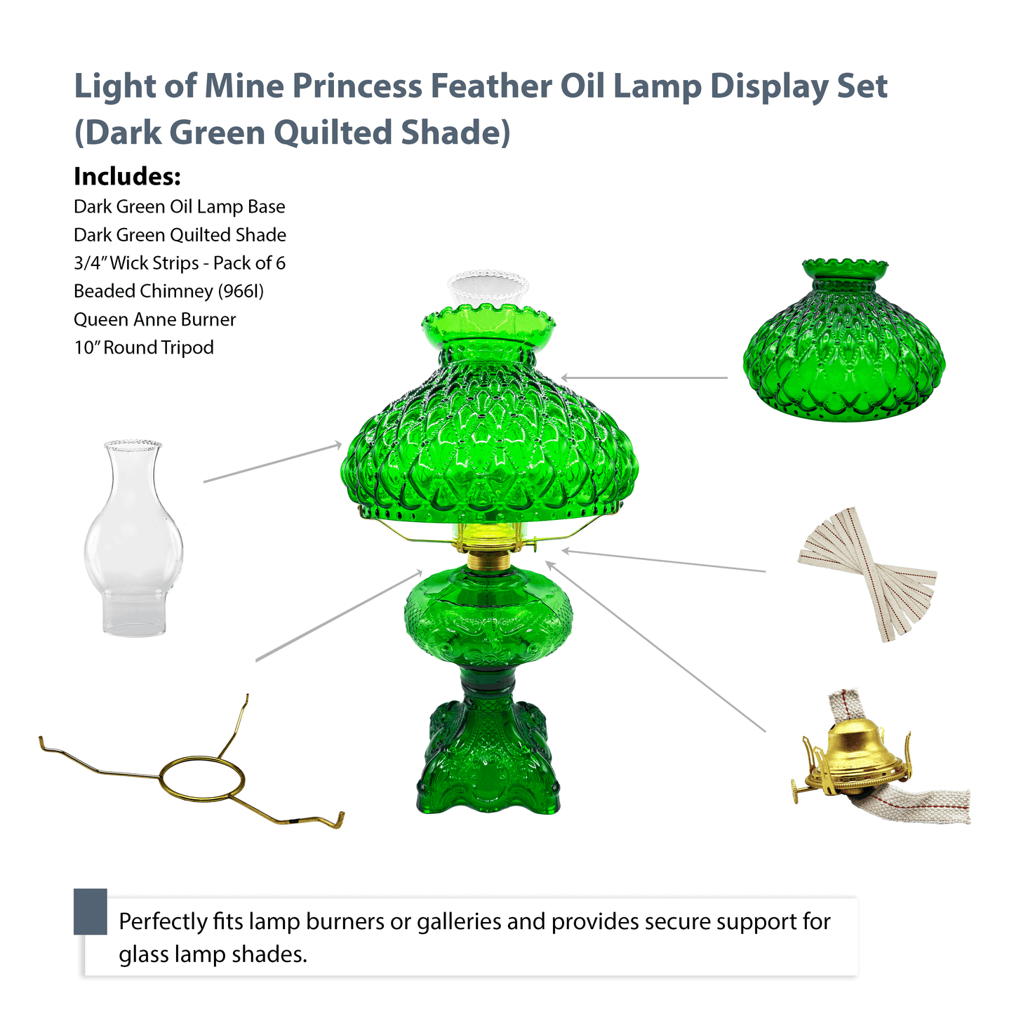 Light of Mine - Princess Feather Dark Green Oil Lamp Assembly with 10" Dark Green Quilted Shade and 100% Cotton Replacement 3/4" Wick Strips