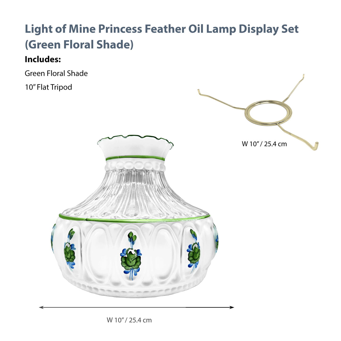 Light of Mine - Princess Feather Oil Lamp Replacement Kit Including 10" Green Floral Shade and 10" Flat Tripod
