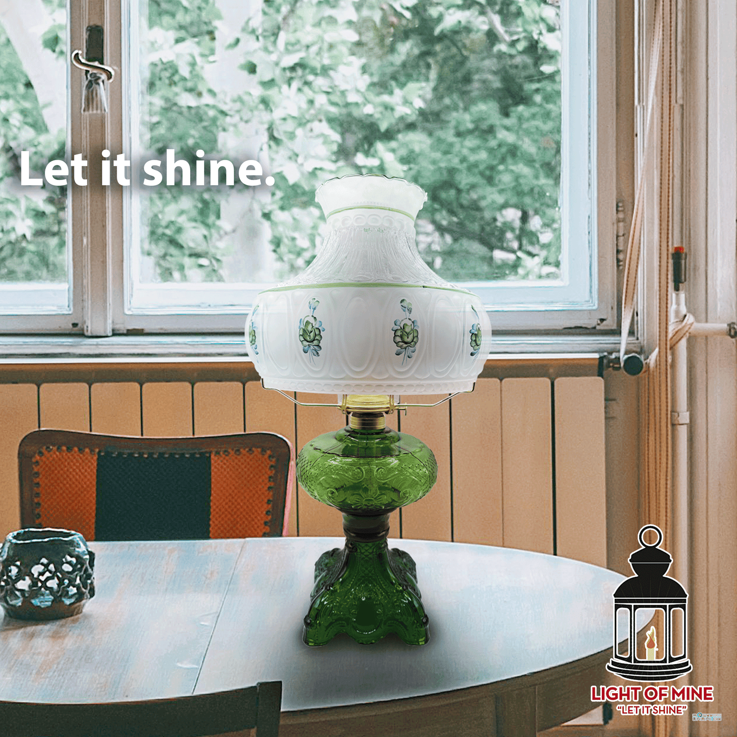 Light of Mine - Princess Feather Oil Lamp Replacement Kit Including 10" Green Floral Shade and 10" Flat Tripod