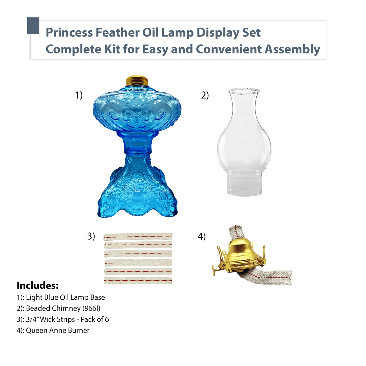 Light of Mine - Princess Feather Light Blue Oil Lamp Assembly with Replacement 100% Cotton 3/4" Wick Strips