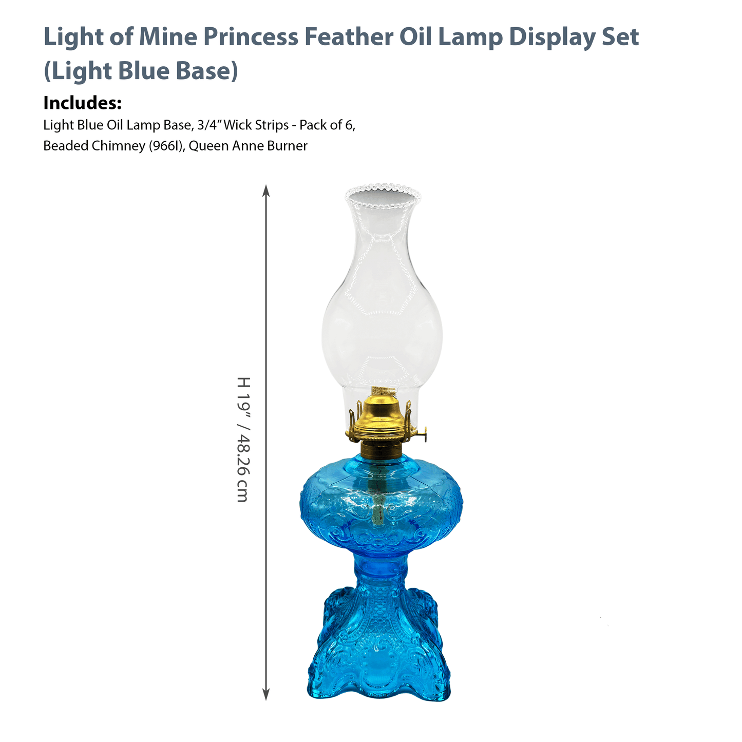 Light of Mine - Princess Feather Light Blue Oil Lamp Assembly with Replacement 100% Cotton 3/4" Wick Strips