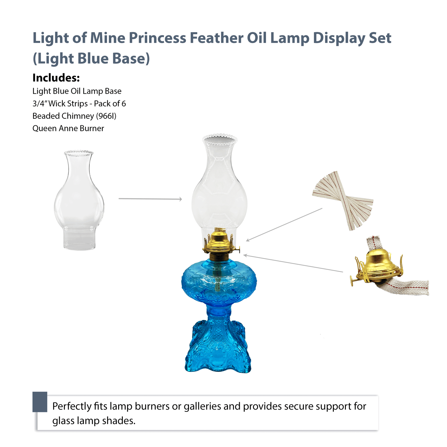 Light of Mine - Princess Feather Light Blue Oil Lamp Assembly with Replacement 100% Cotton 3/4" Wick Strips