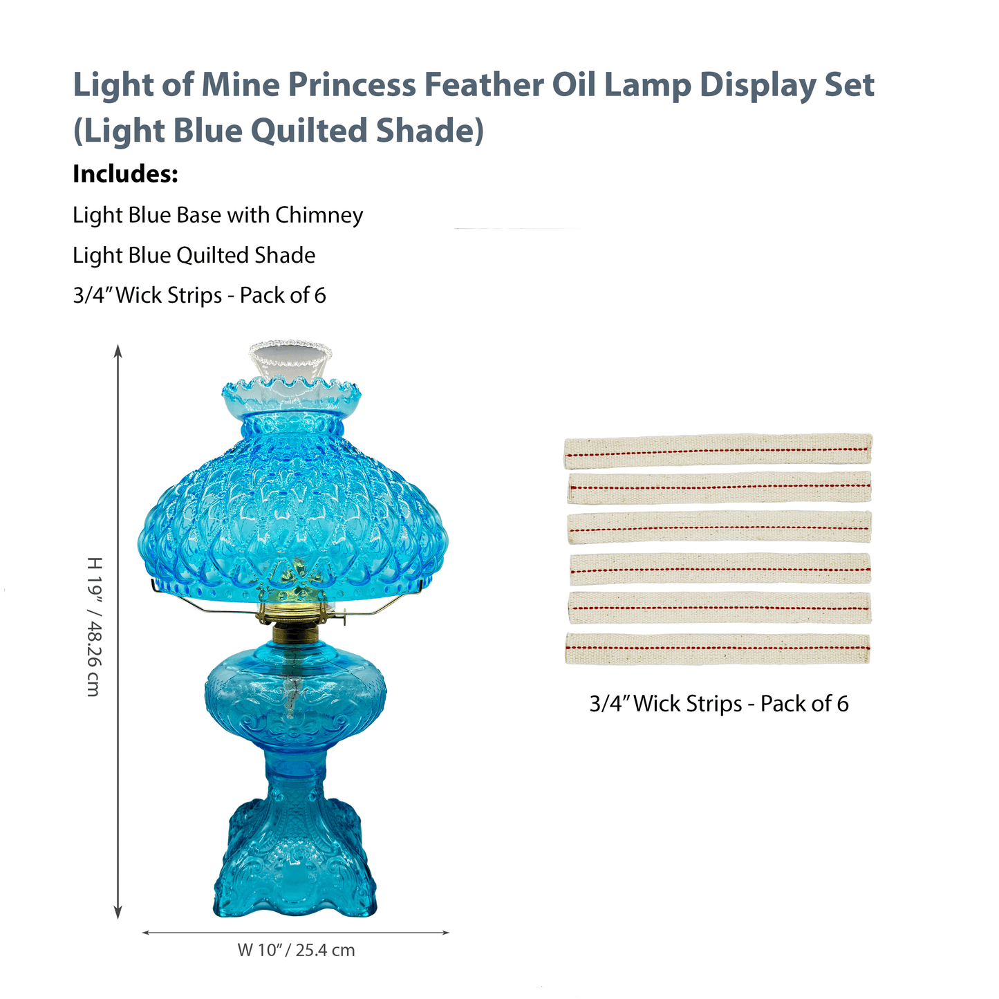 Light of Mine - Princess Feather Light Blue Oil Lamp Assembly with 10" Light Blue Quilted Shade and Replacement 3/4" Wick Strips