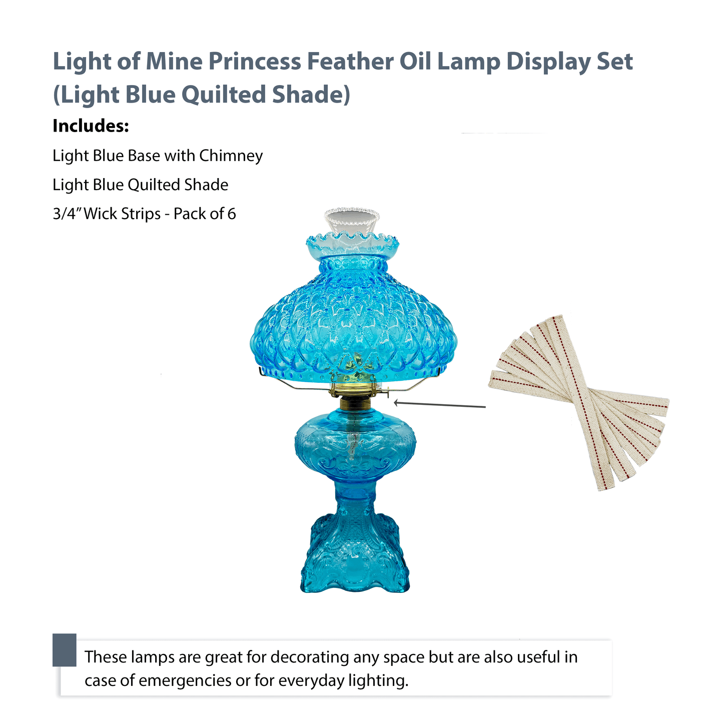 Light of Mine - Princess Feather Light Blue Oil Lamp Assembly with 10" Light Blue Quilted Shade and Replacement 3/4" Wick Strips