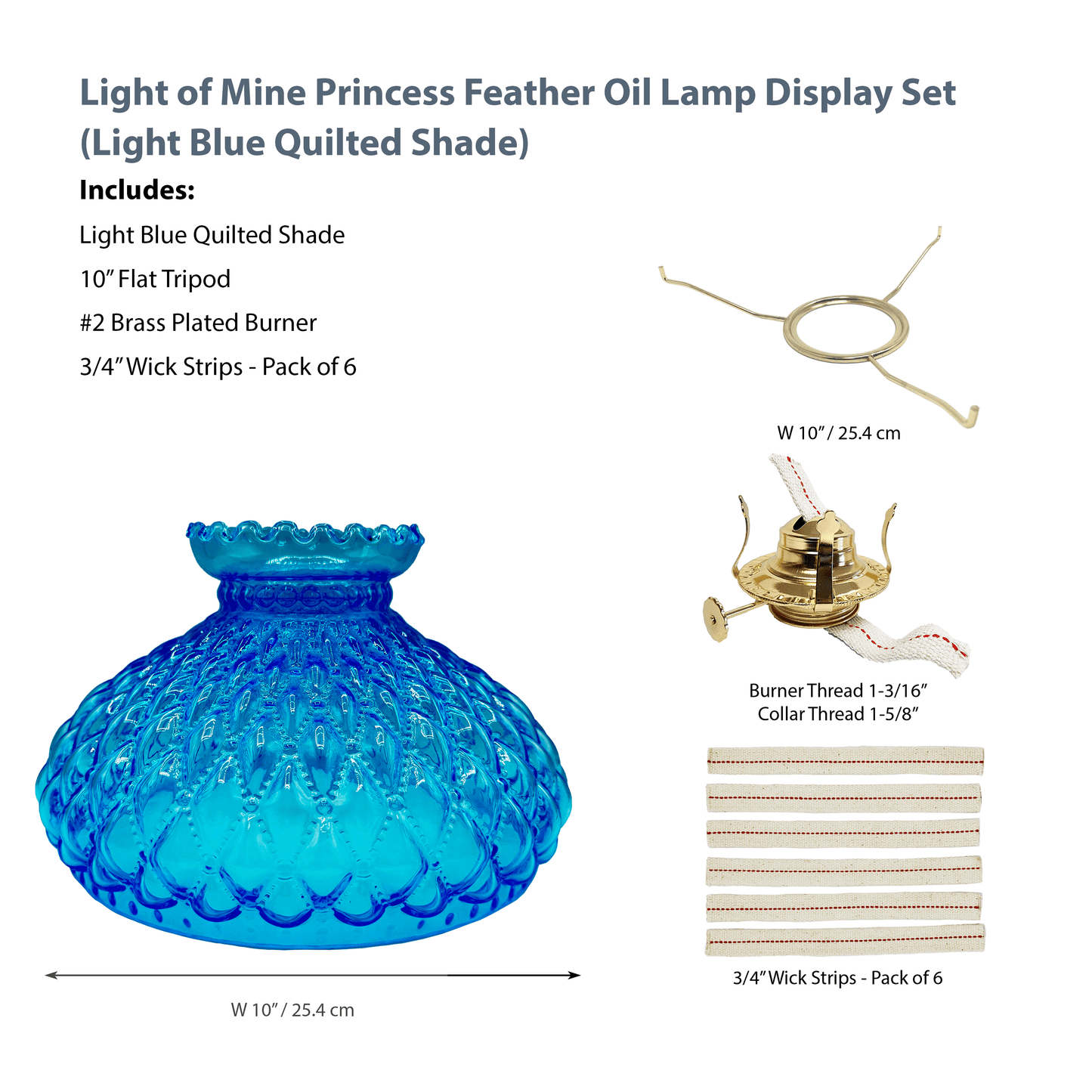 Light of Mine - Princess Feather Oil Lamp Replacement Kit Including 10" Flat Tripod, 10" Light Blue Quilted Shade, No. 2 Brass Plated Burner, and 100% Cotton 3/4" Replacement Wick Strips