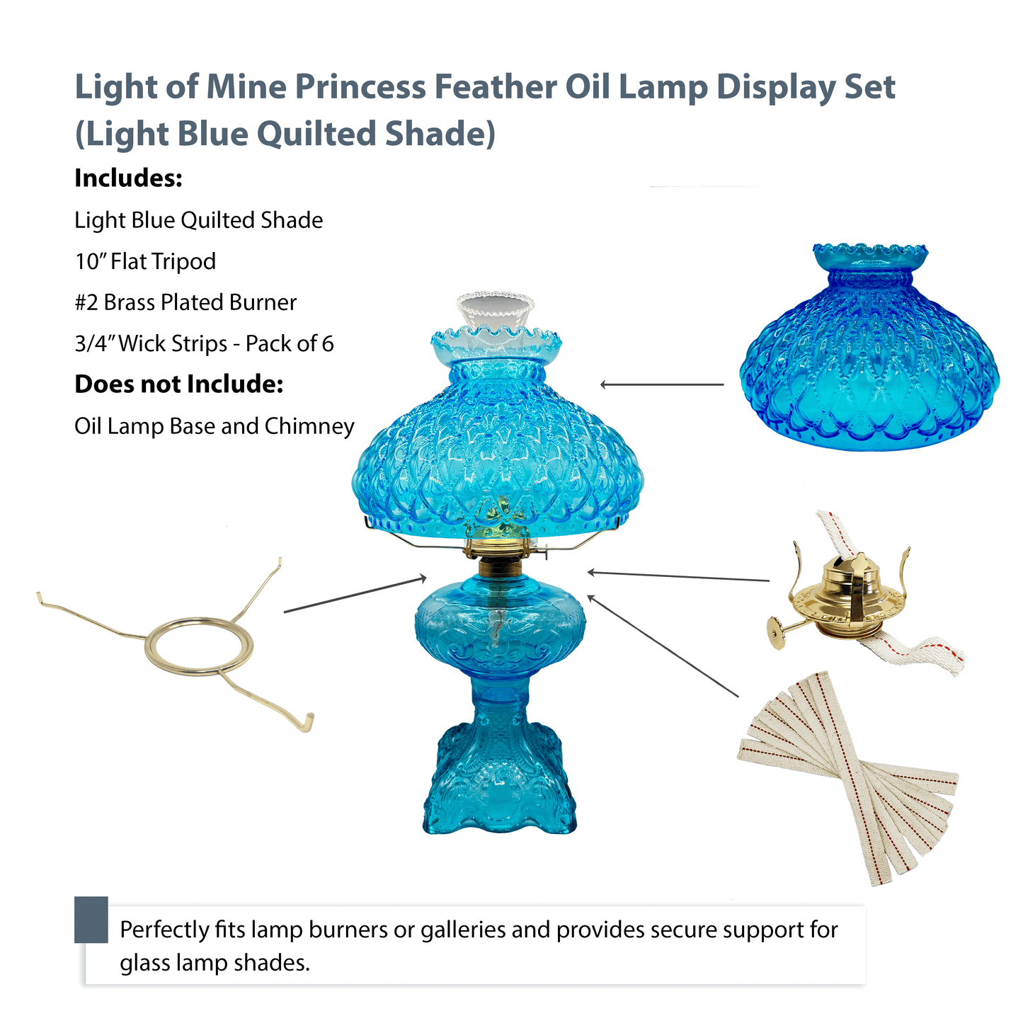Light of Mine - Princess Feather Oil Lamp Replacement Kit Including 10" Flat Tripod, 10" Light Blue Quilted Shade, No. 2 Brass Plated Burner, and 100% Cotton 3/4" Replacement Wick Strips
