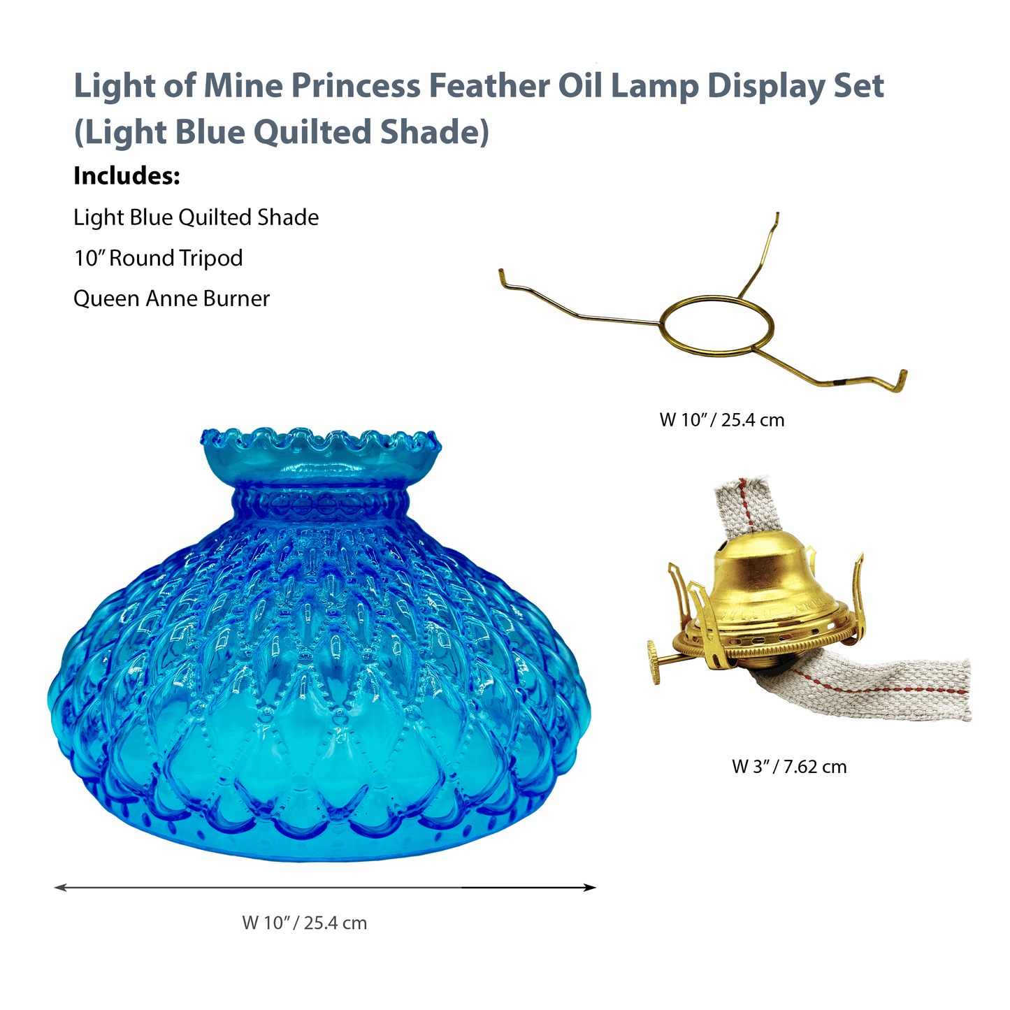 Light of Mine - Princess Feather Oil Lamp Replacement Kit Including 10" Light Blue Quilted Shade, Queen Anne Solid Brass Burner, and 10" Round Tripod