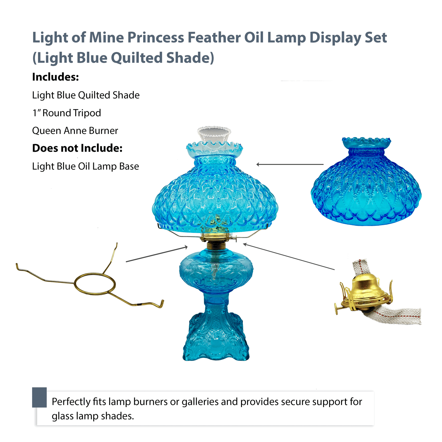 Light of Mine - Princess Feather Oil Lamp Replacement Kit Including 10" Light Blue Quilted Shade, Queen Anne Solid Brass Burner, and 10" Round Tripod