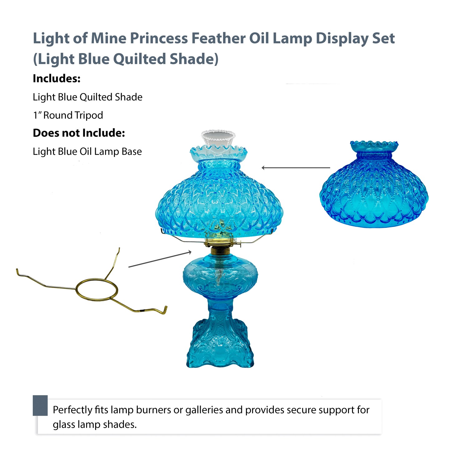 Light of Mine - Princess Feather Oil Lamp Replacement Kit Including 10" Light Blue Quilted Shade and 10" Round Tripod