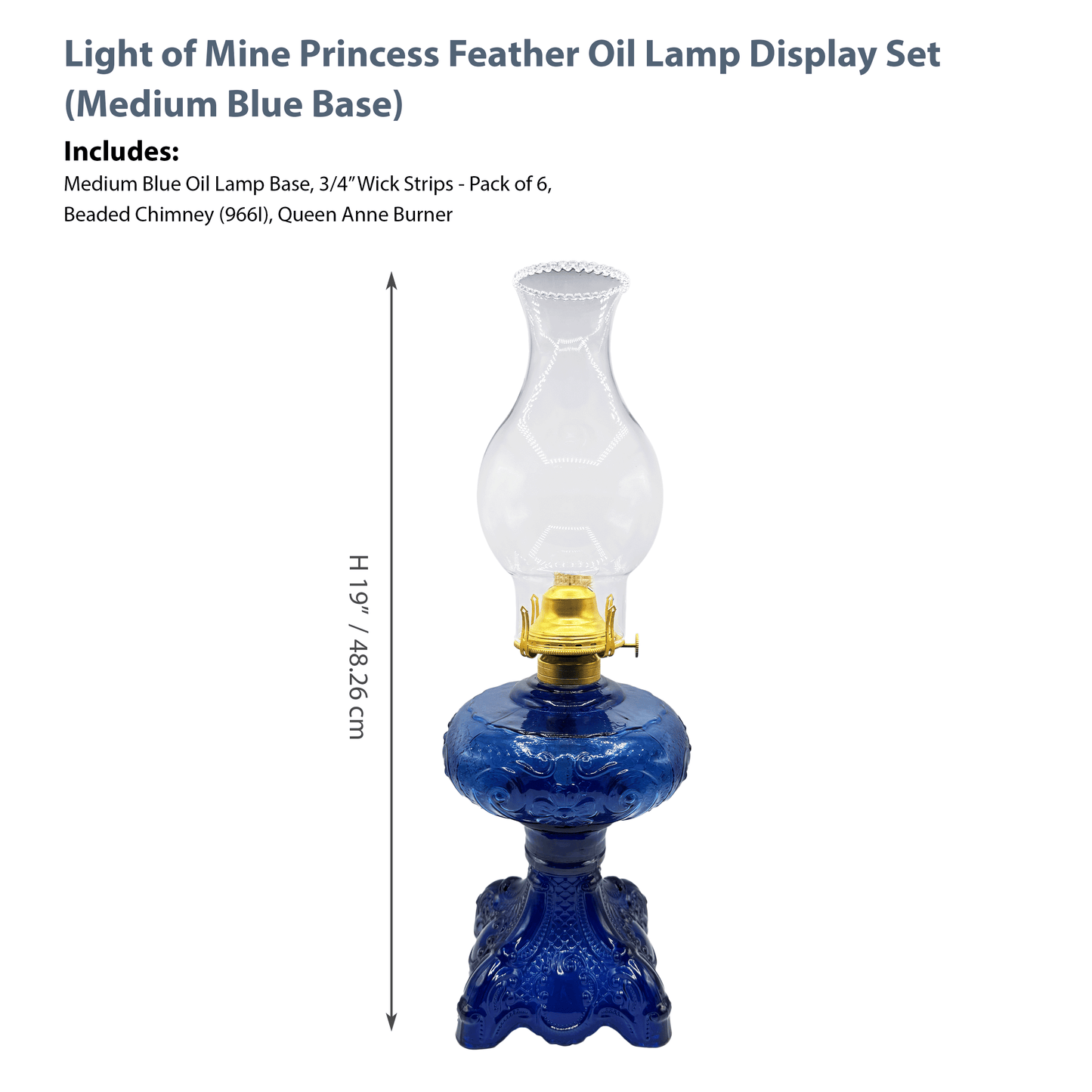Light of Mine - Princess Feather Medium Blue Oil Lamp Assembly with 100% Cotton Replacement 3/4" Wick Strips