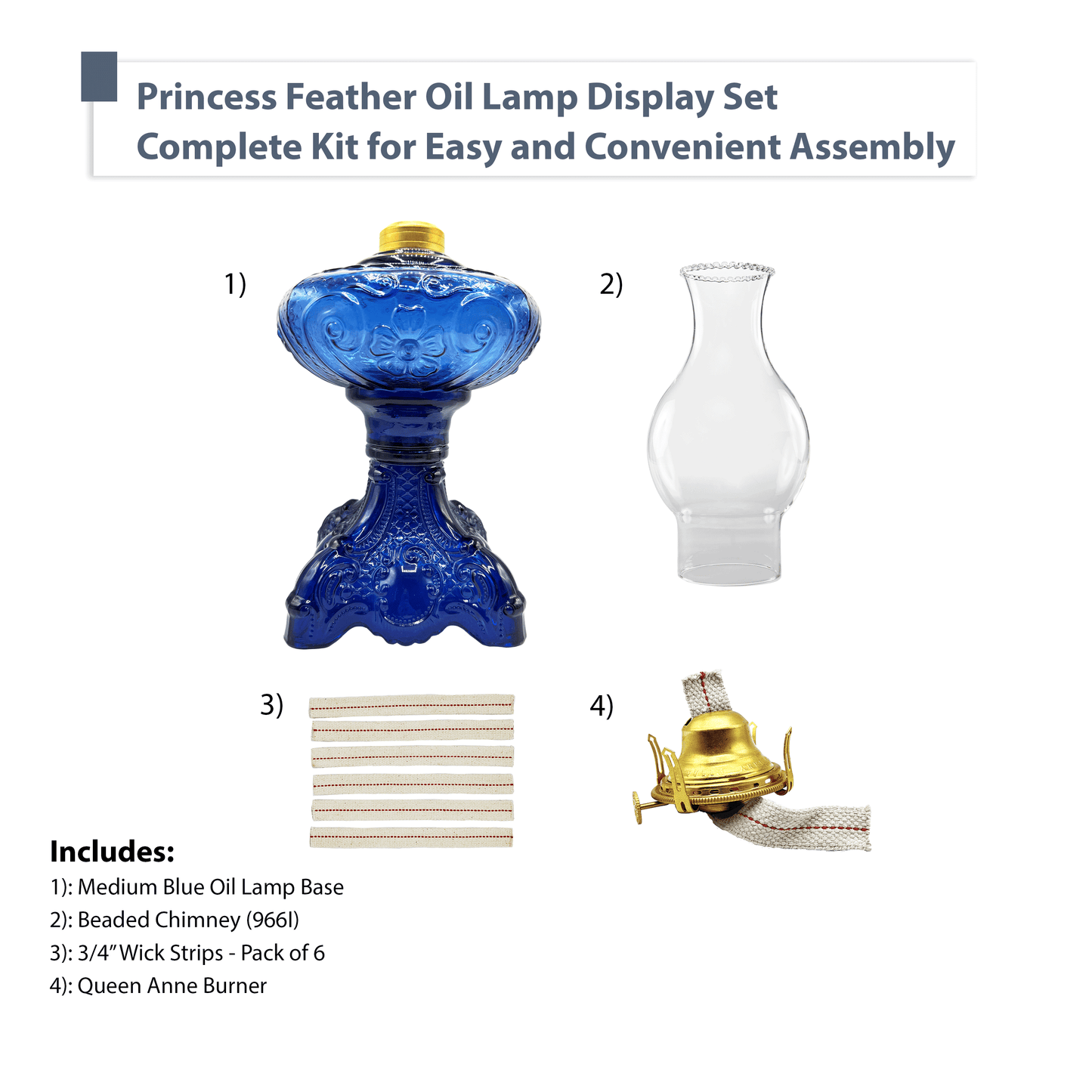 Light of Mine - Princess Feather Medium Blue Oil Lamp Assembly with 100% Cotton Replacement 3/4" Wick Strips