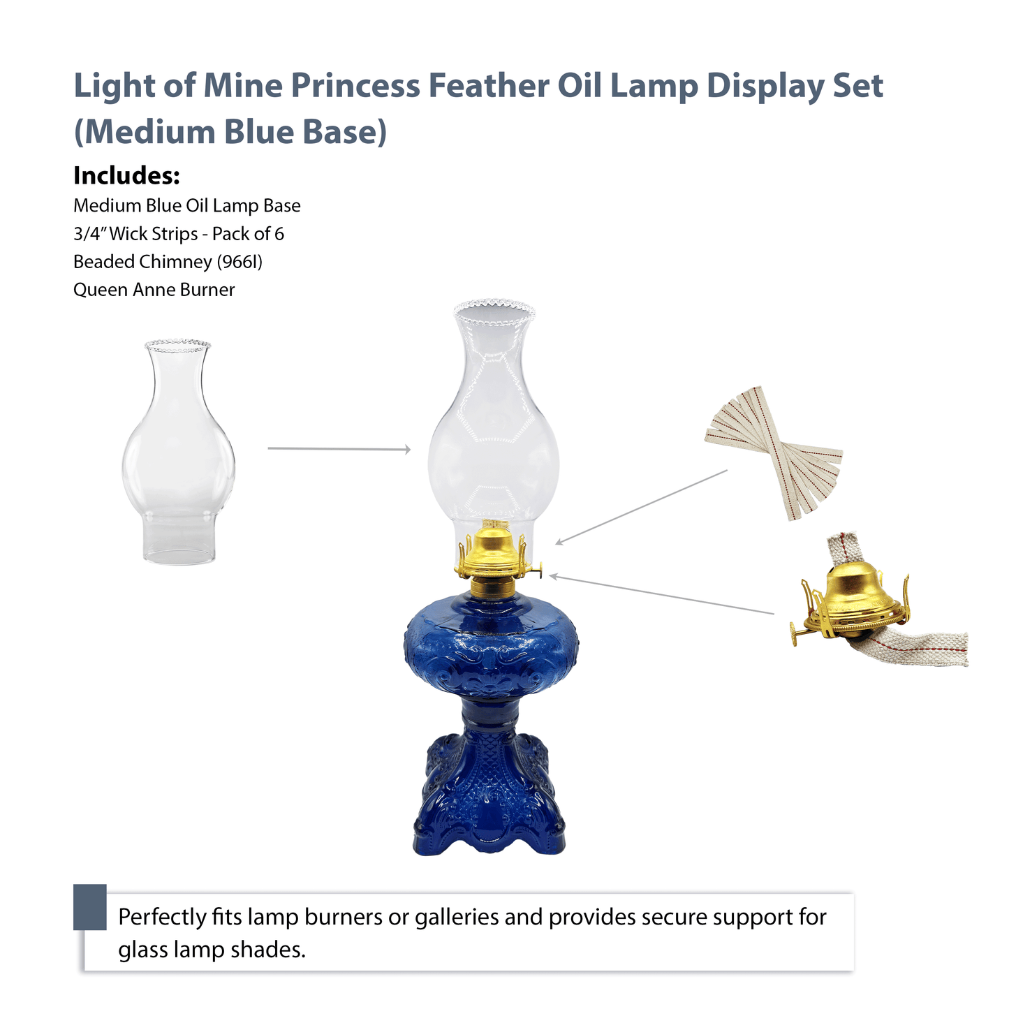 Light of Mine - Princess Feather Medium Blue Oil Lamp Assembly with 100% Cotton Replacement 3/4" Wick Strips
