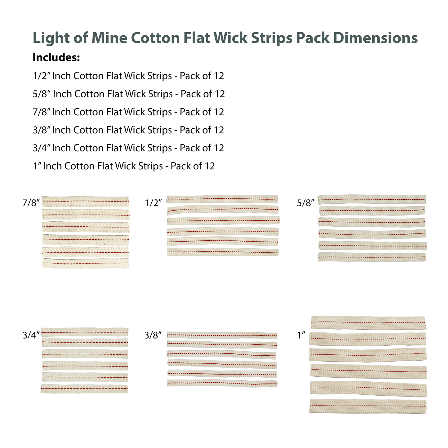 Light of Mine - 3/8", 1/2", 5/8", 3/4", 7/8" and 1" - 8" Wick Strips, 100% Cotton Flat Wick - 12 of Each, for Paraffin Oil, Kerosene Based Lanterns, and Oil Lamps with Genuine Red Stitch