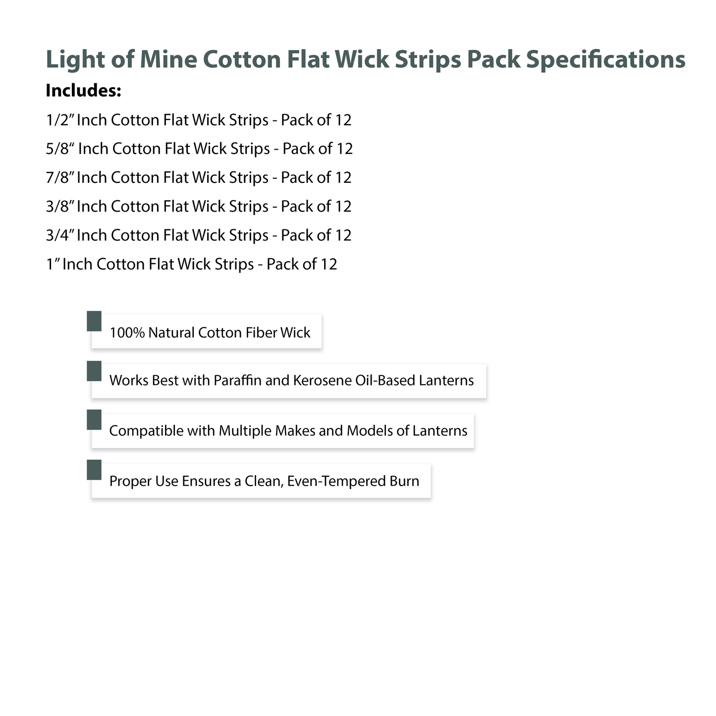 Light of Mine - 3/8", 1/2", 5/8", 3/4", 7/8" and 1" - 8" Wick Strips, 100% Cotton Flat Wick - 12 of Each, for Paraffin Oil, Kerosene Based Lanterns, and Oil Lamps with Genuine Red Stitch