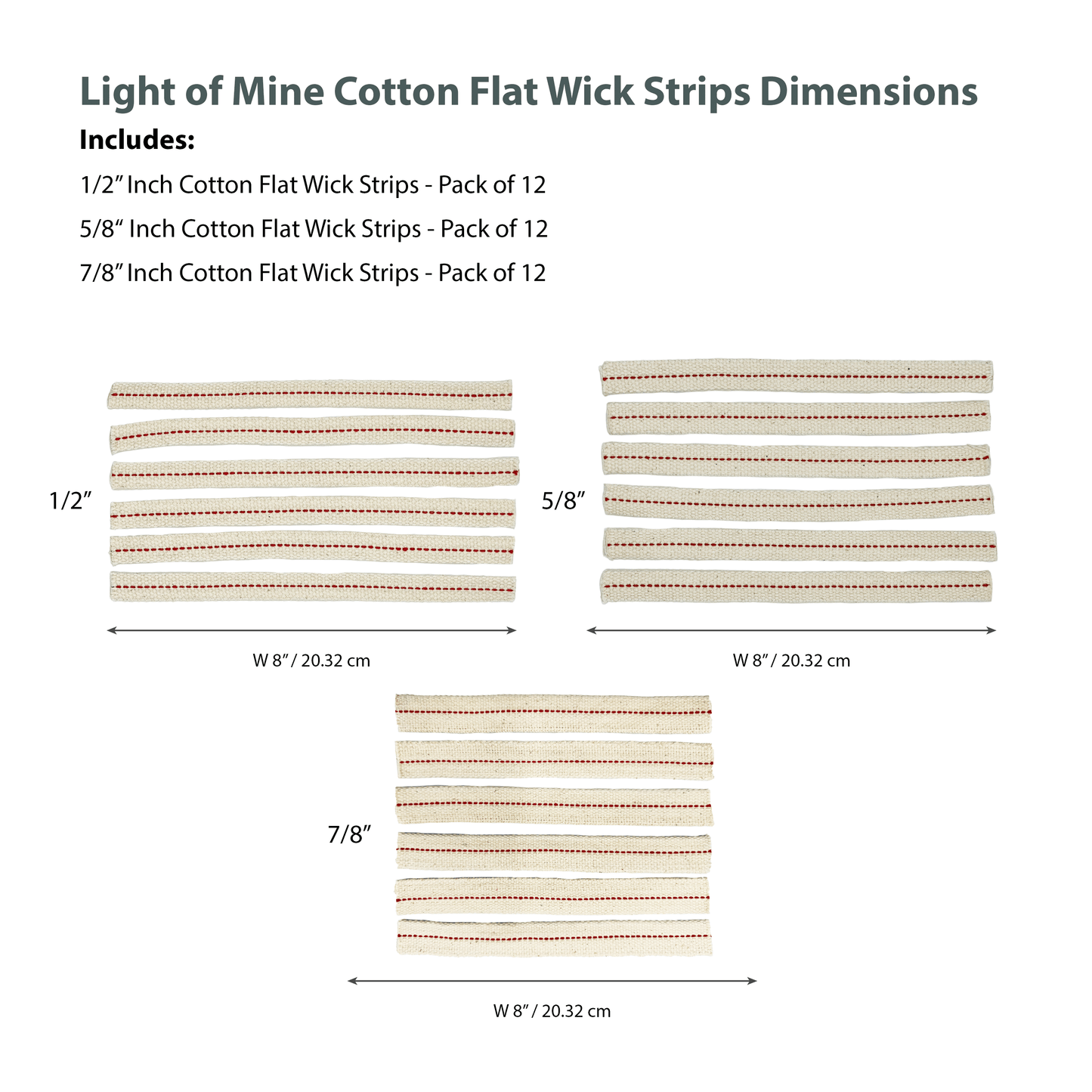 Light of Mine - 1/2", 5/8", and 7/8" - 8" Wick Strips, 100% Cotton Flat Wick - 12 of Each, for Paraffin Oil, Kerosene Based Lanterns, and Oil Lamps with Genuine Red Stitch