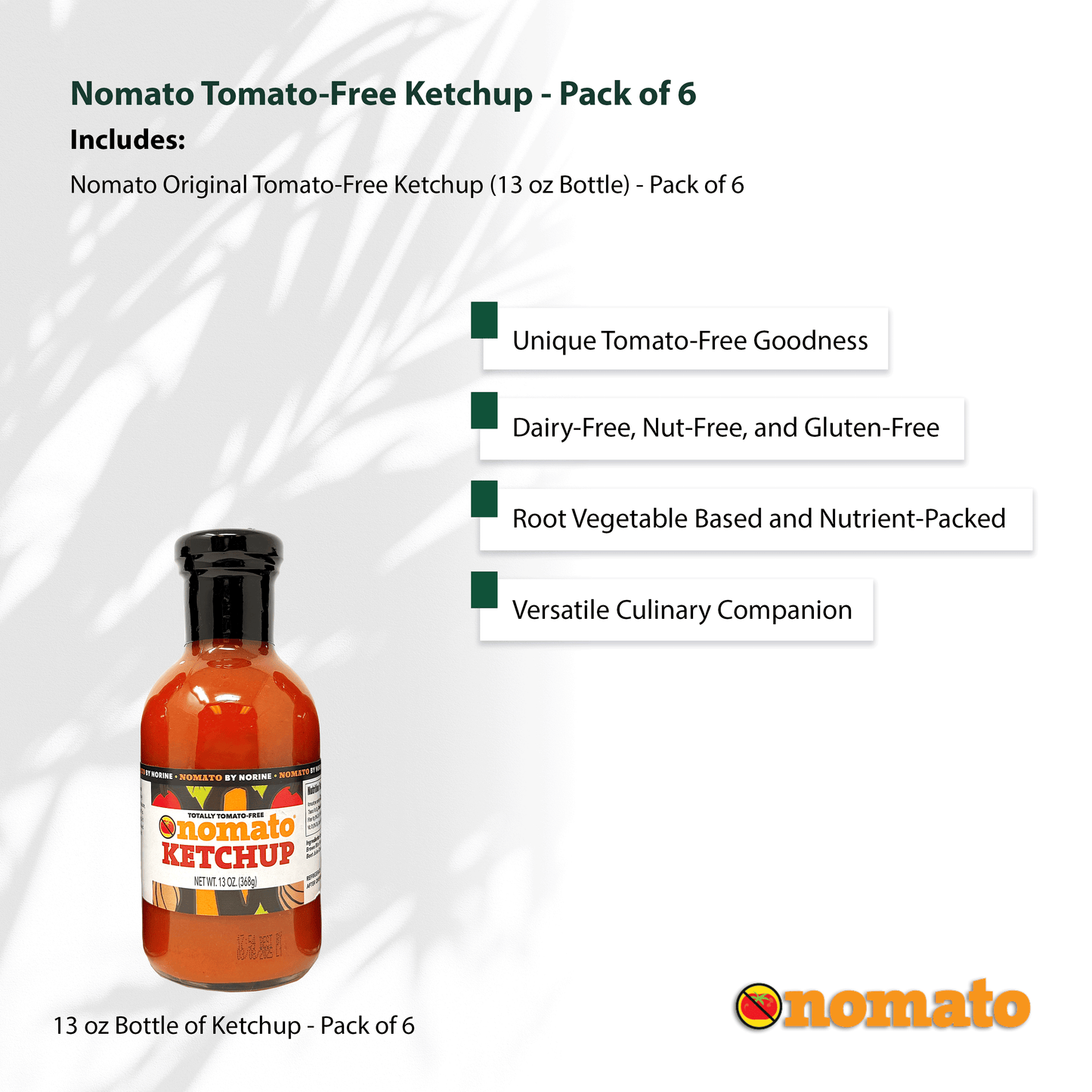 Nomato - 6 Pack of Original Tomato Free Ketchup Sauce (13 oz) - Tomato Free, Gluten Free, Nut Free and Dairy Free (Ketchup, 6 Pack)
