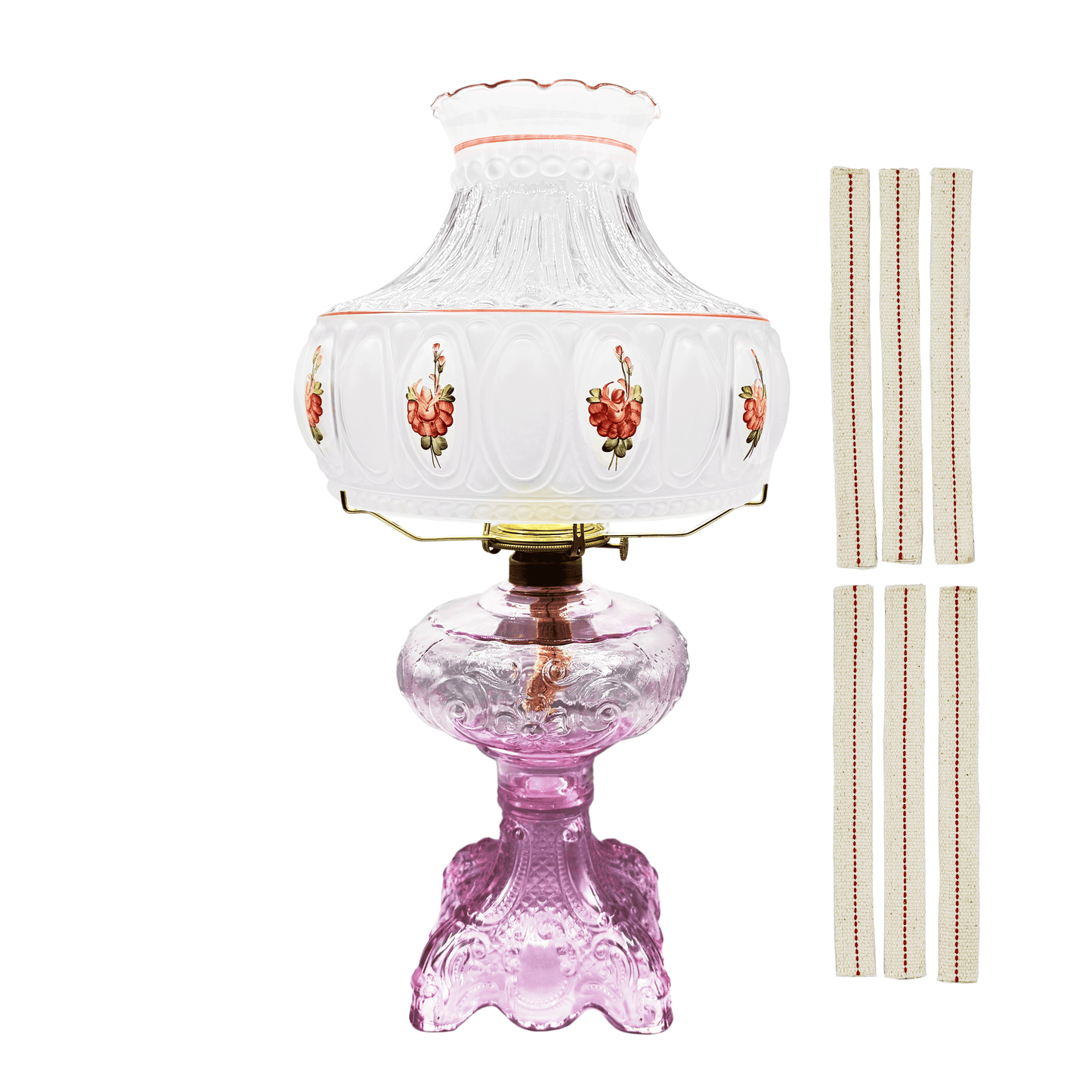 Light of Mine - Princess Feather Pink Oil Lamp Assembly with 10" Pink Floral Shade and 100% Cotton Replacement 3/4" Wick Strips