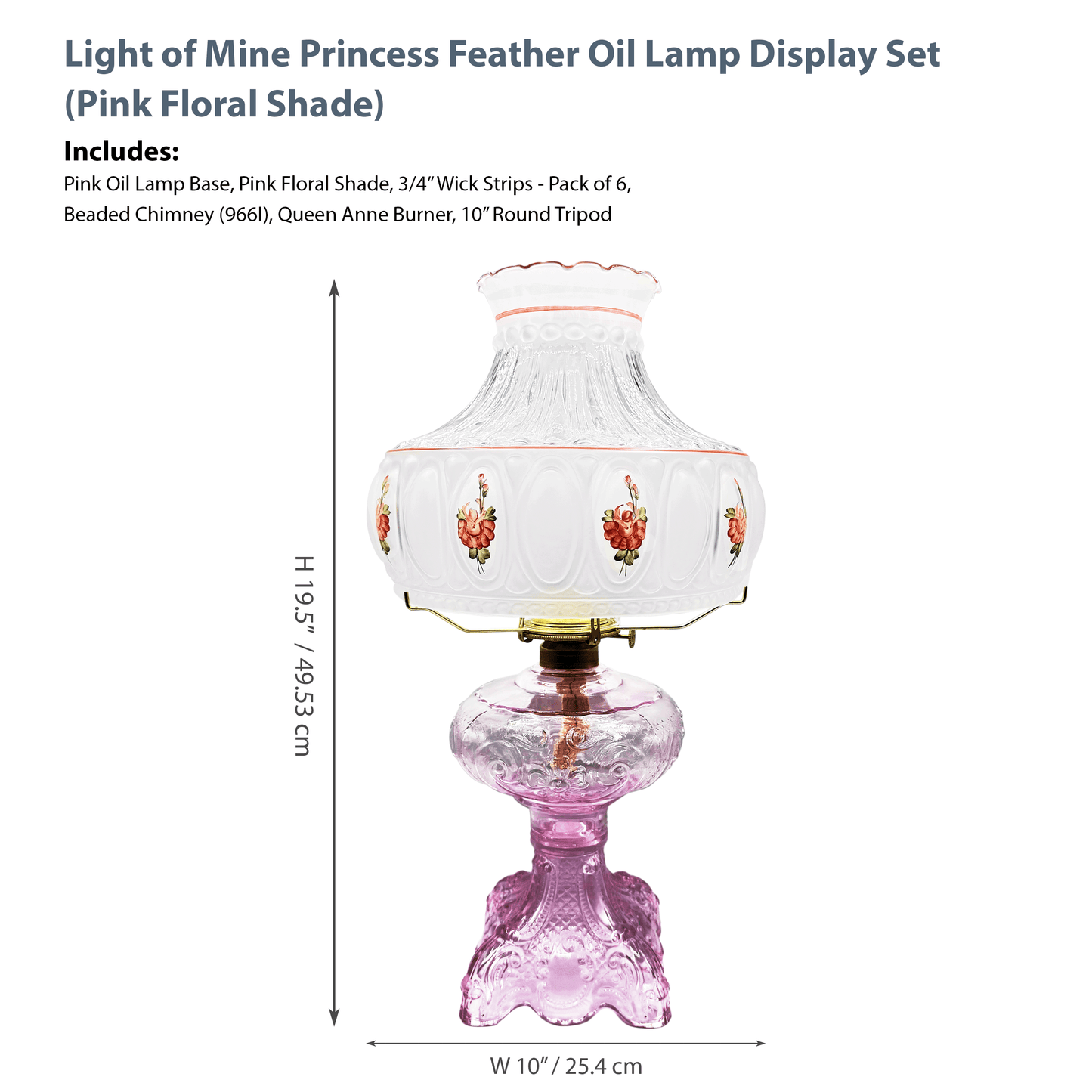 Light of Mine - Princess Feather Pink Oil Lamp Assembly with 10" Pink Floral Shade and 100% Cotton Replacement 3/4" Wick Strips