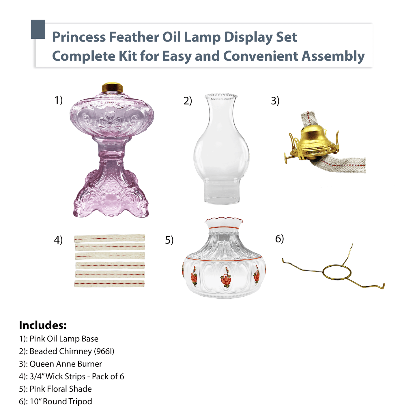 Light of Mine - Princess Feather Pink Oil Lamp Assembly with 10" Pink Floral Shade and 100% Cotton Replacement 3/4" Wick Strips