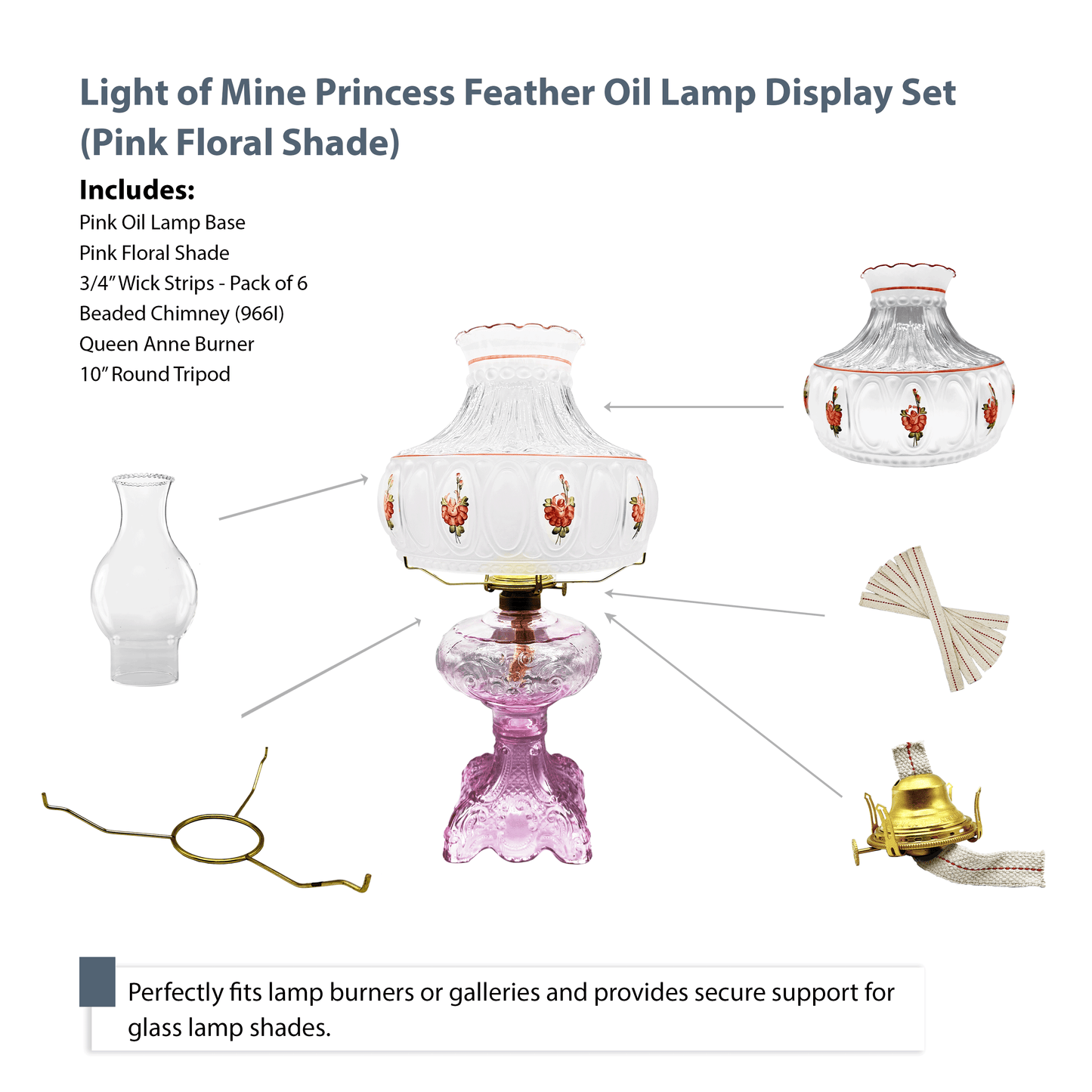 Light of Mine - Princess Feather Pink Oil Lamp Assembly with 10" Pink Floral Shade and 100% Cotton Replacement 3/4" Wick Strips