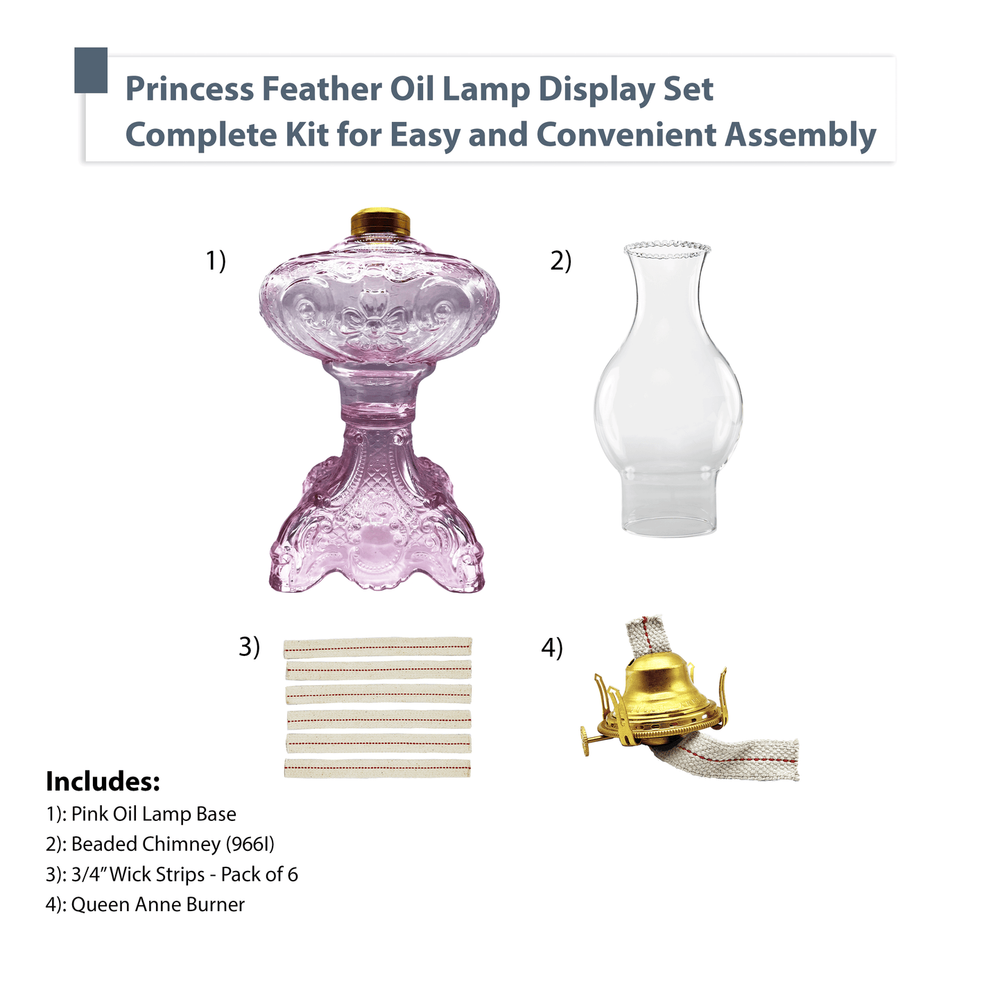 Light of Mine - Princess Feather Pink Oil Lamp Assembly with 100% Cotton Replacement 3/4" Wick Strips