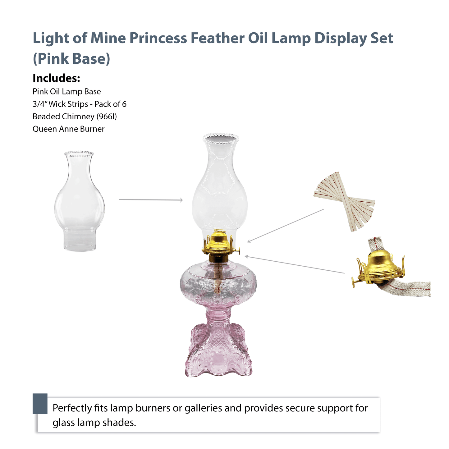Light of Mine - Princess Feather Pink Oil Lamp Assembly with 100% Cotton Replacement 3/4" Wick Strips